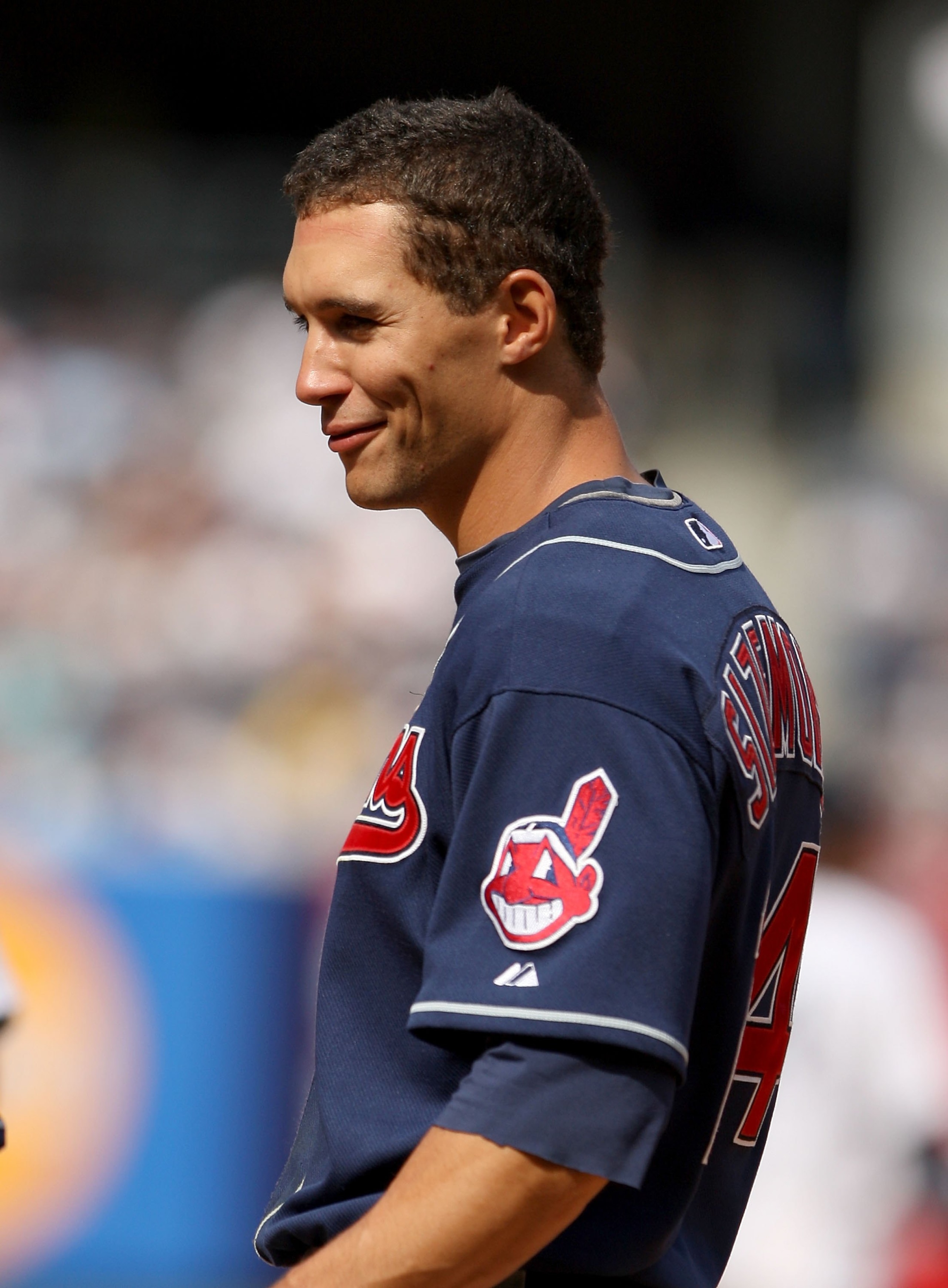 NEW YORK - APRIL 19:  Grady Sizemore #24 of the Cleveland Indians stands on first base after getting a hit during their game against the New York Yankees at Yankee Stadium on April 19, 2009 in the Bronx borough of New York City.  (Photo by Ezra Shaw/Getty