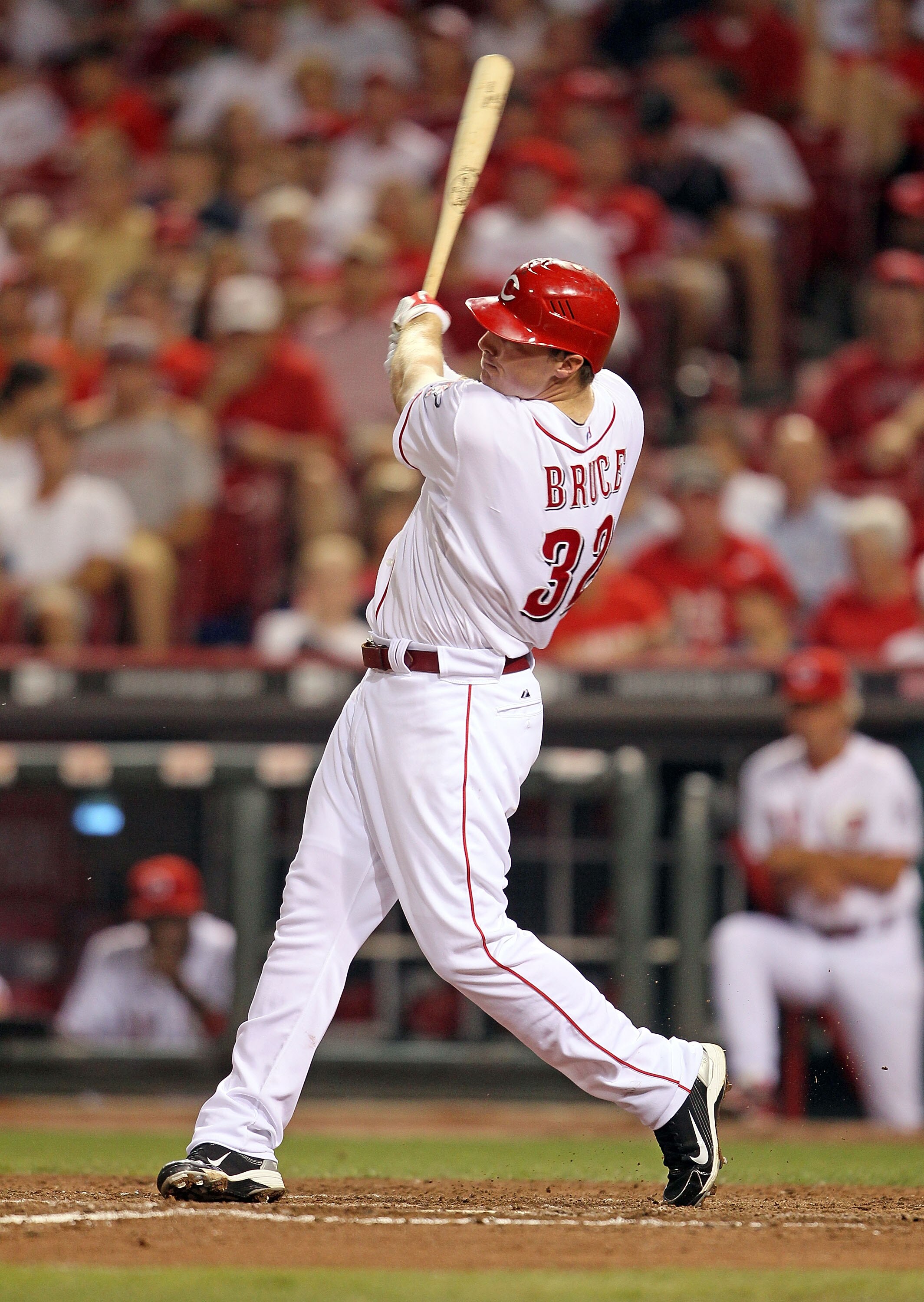 CINCINNATI - JULY 17:  Jay Bruce #32 of the Cincinnati Reds swings at a pitch during the game against the Colorado Rockies at Great American Ball Park on July 17, 2010 in Cincinnati, Ohio. He hit two home runs during the game.  (Photo by Andy Lyons/Getty