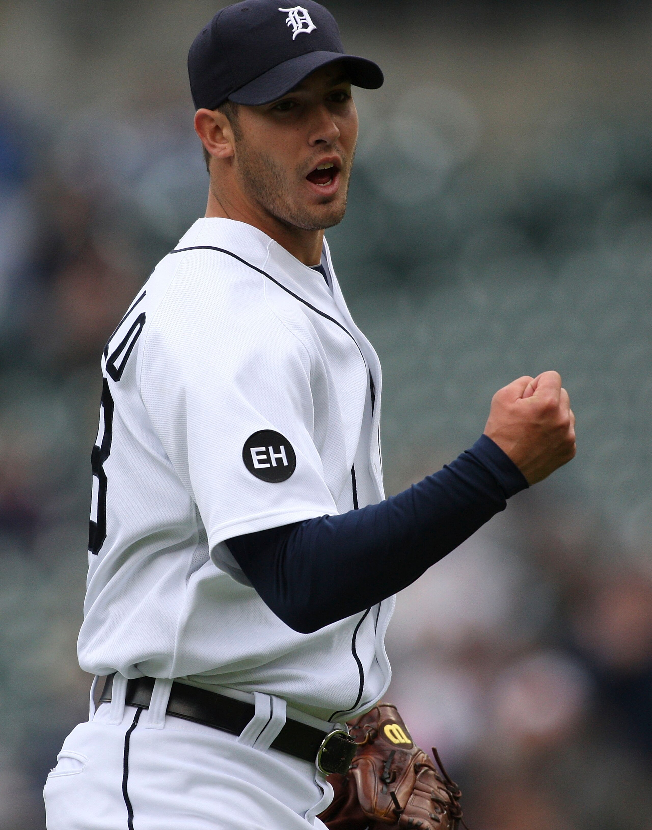 DETROIT - MAY 12:  Rick Porcello #48 of the Detroit Tigers reacts after the final out in the sixth inning against the New York Yankees during the game on May 12, 2010 at Comerica Park in Detroit, Michigan.  (Photo by Leon Halip/Getty Images)