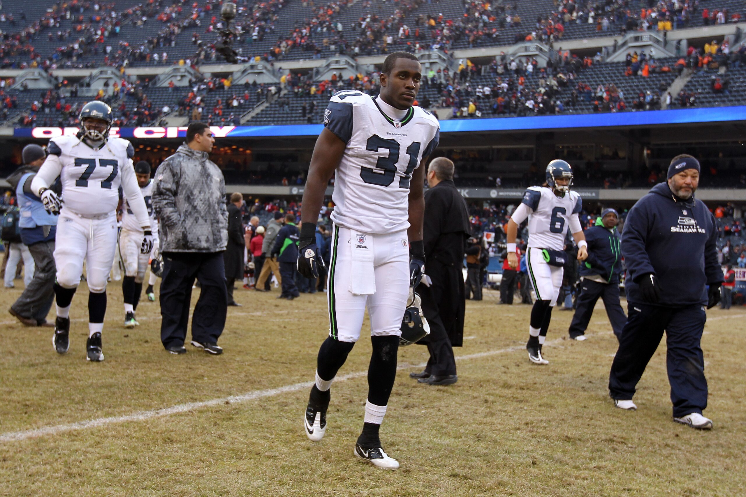 CHICAGO, IL - JANUARY 16: Kam Chancellor #31 of the Seattle Seahawks walks off the field after the Seahawks were defeated by the Chicago Bears in the 2011 NFC divisional playoff game at Soldier Field on January 16, 2011 in Chicago, Illinois. (Photo by A CHICAGO, IL - JANUARY 16: Kam Chancellor #31 of the Seattle Seahawks walks off the field after the Seahawks were defeated by the Chicago Bears in the 2011 NFC divisional playoff game at Soldier Field on January 16, 2011 in Chicago, Illinois. (Photo by A