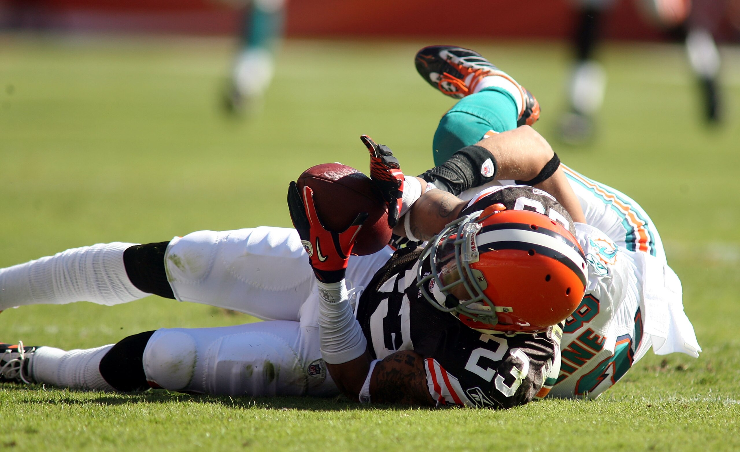 MIAMI - DECEMBER 05: Defensive back Joe Haden #23 of the Cleveland Browns intercepts the ball against the Miami Dolphins at Sun Life Stadium on December 5, 2010 in Miami, Florida. (Photo by Marc Serota/Getty Images) MIAMI - DECEMBER 05: Defensive back Joe Haden #23 of the Cleveland Browns intercepts the ball against the Miami Dolphins at Sun Life Stadium on December 5, 2010 in Miami, Florida. (Photo by Marc Serota/Getty Images)