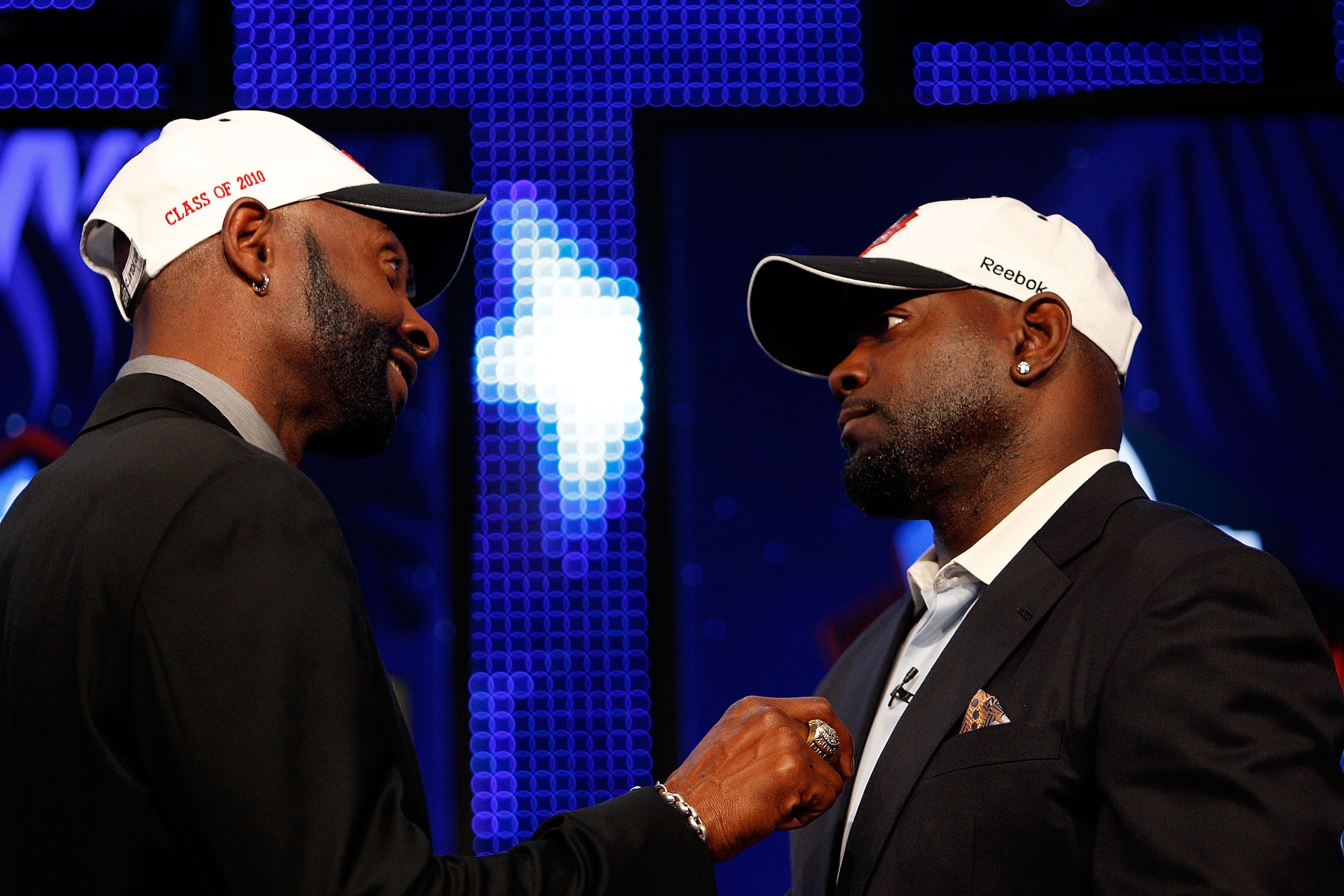 FORT LAUDERDALE, FL - FEBRUARY 06:  (L-R) Jerry Rice and Emmitt SMith talk on stage after they were both announced as two of the newest enshrinees into the Hall of Fame during the Pro Football Hall of Fame Class of 2010 Press Conference held at the Greate