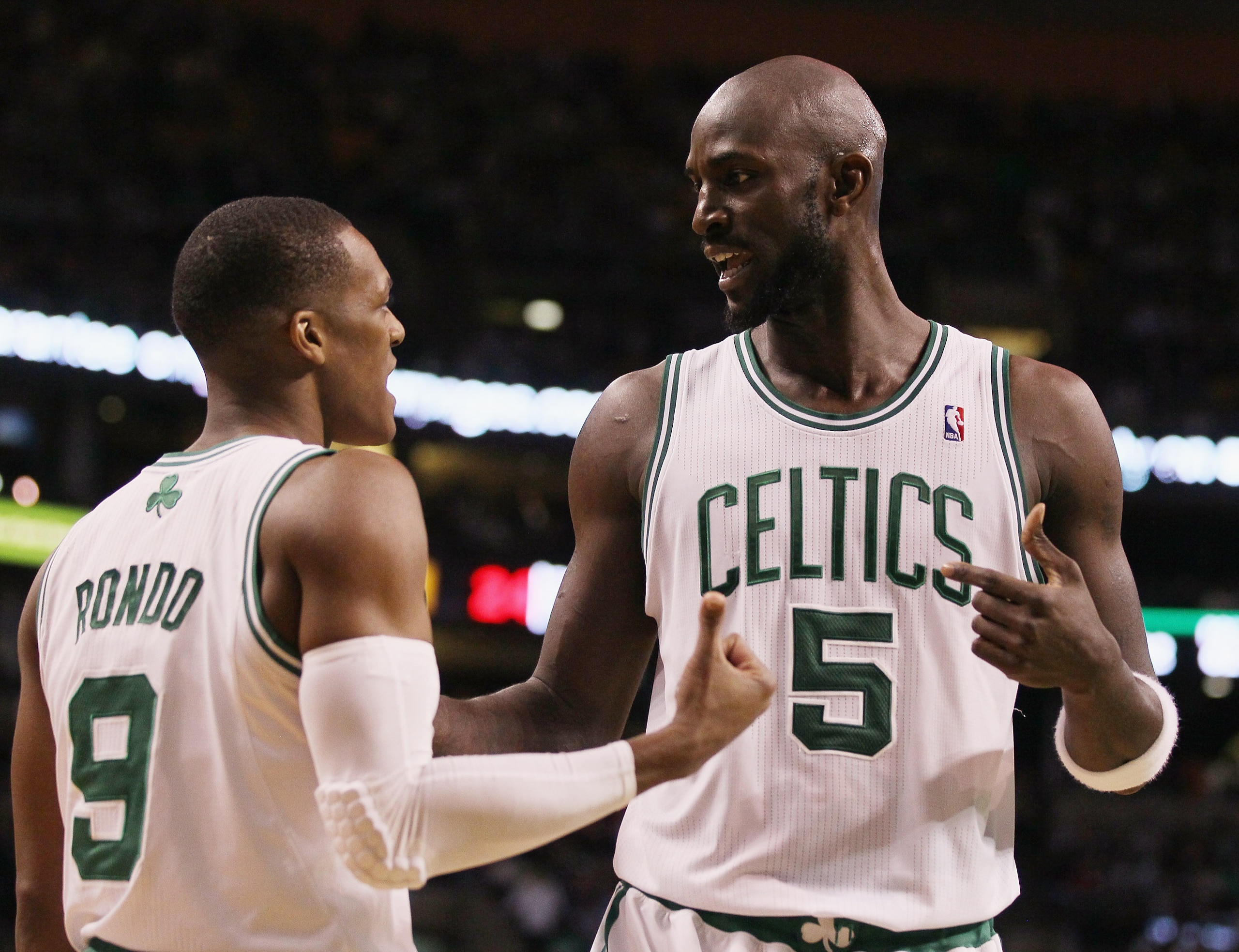 BOSTON, MA - JANUARY 17: Kevin Garnett #5 and Rajon Rondo #9 of the Boston Celtics talk before the Orlando Magic pass the ball in bounds on January 17, 2011 at the TD Garden in Boston, Massachusetts. The Celtics defeated the Magic 109-106. NOTE TO USER: BOSTON, MA - JANUARY 17: Kevin Garnett #5 and Rajon Rondo #9 of the Boston Celtics talk before the Orlando Magic pass the ball in bounds on January 17, 2011 at the TD Garden in Boston, Massachusetts. The Celtics defeated the Magic 109-106. NOTE TO USER: