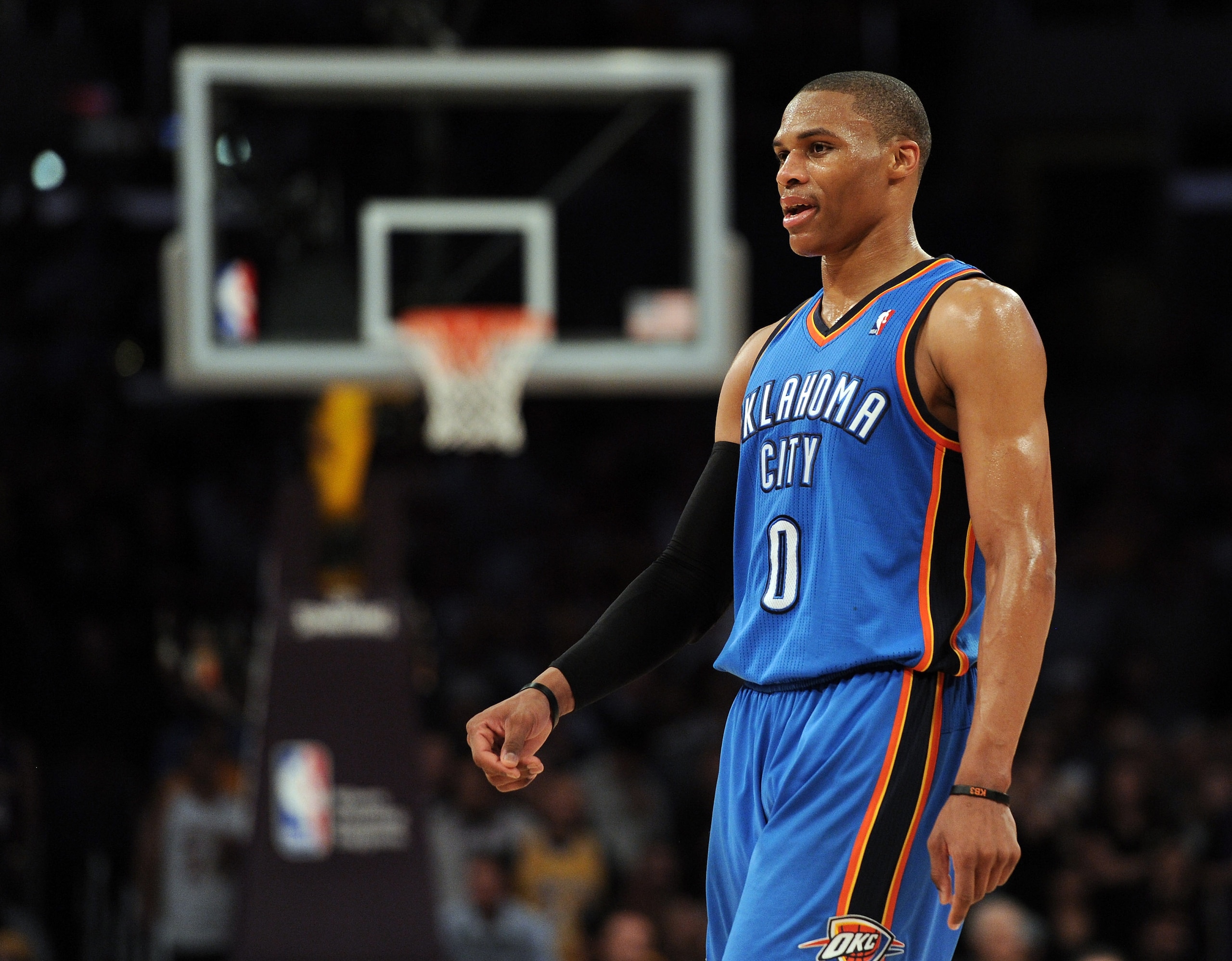 LOS ANGELES, CA - JANUARY 17: Russell Westbrook #0 of the Oklahoma City Thunder waits for playduring the game between the Los Angeles Lakers at the Staples Center on January 17, 2011 in Los Angeles, California. NOTE TO USER: User expressly acknowledges LOS ANGELES, CA - JANUARY 17: Russell Westbrook #0 of the Oklahoma City Thunder waits for playduring the game between the Los Angeles Lakers at the Staples Center on January 17, 2011 in Los Angeles, California. NOTE TO USER: User expressly acknowledges