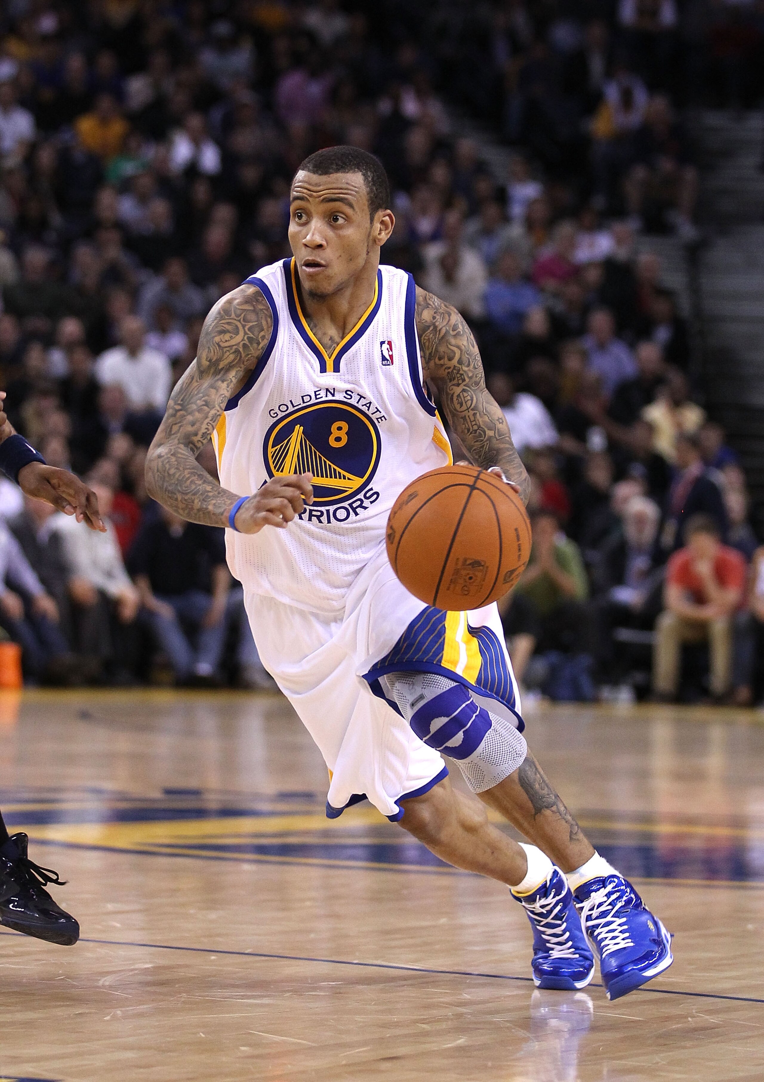 OAKLAND, CA - JANUARY 19: Monta Ellis #8 of the Golden State Warriors in action against the Indiana Pacers at Oracle Arena on January 19, 2011 in Oakland, California. NOTE TO USER: User expressly acknowledges and agrees that, by downloading and or using OAKLAND, CA - JANUARY 19: Monta Ellis #8 of the Golden State Warriors in action against the Indiana Pacers at Oracle Arena on January 19, 2011 in Oakland, California. NOTE TO USER: User expressly acknowledges and agrees that, by downloading and or using