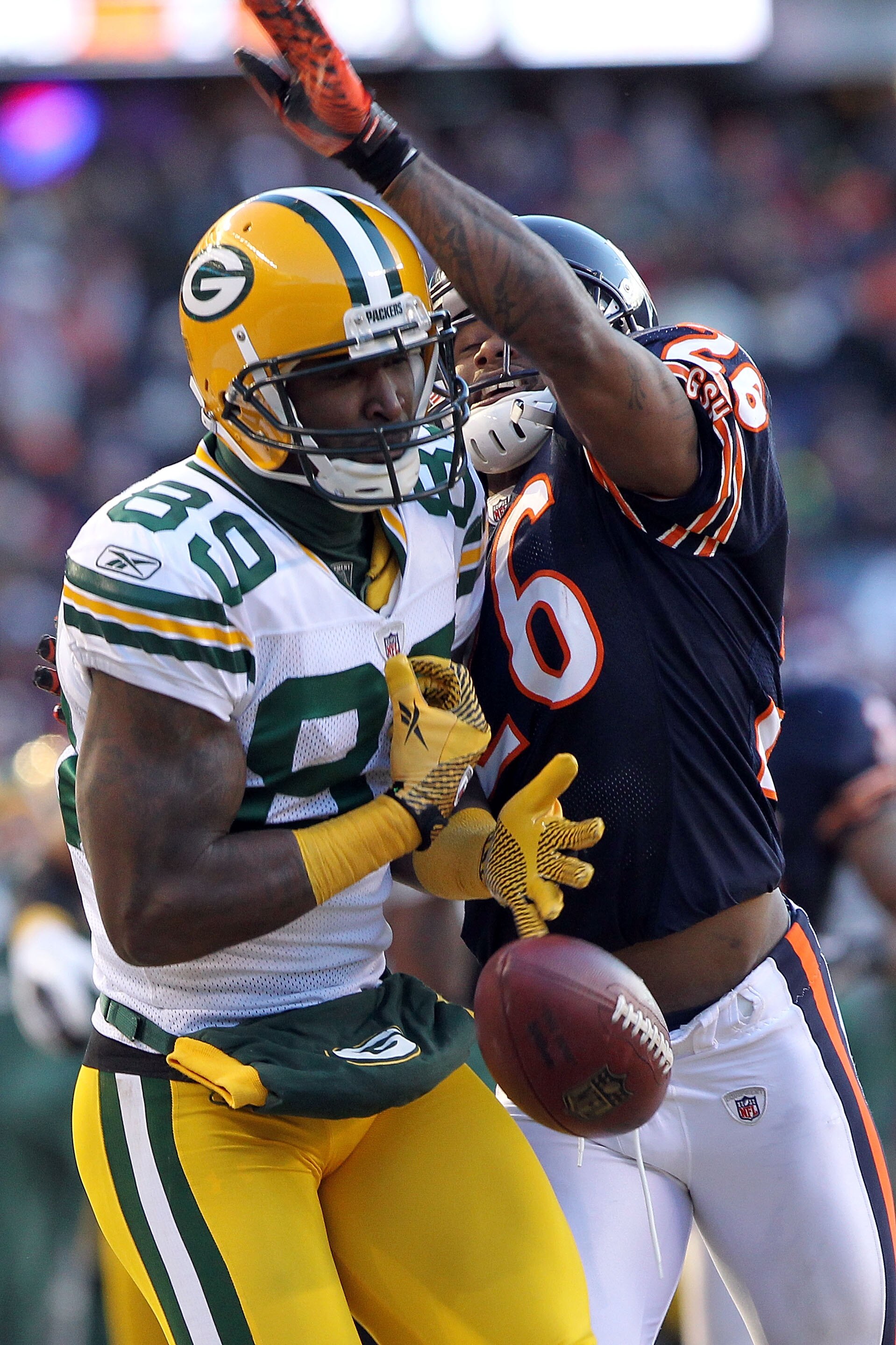 CHICAGO, IL - JANUARY 23:  James Jones #89 of the Green Bay Packers is unable to make a catch as Tim Jennings #26 of the Chicago Bears is called for passing interference in the NFC Championship Game at Soldier Field on January 23, 2011 in Chicago, Illinoi