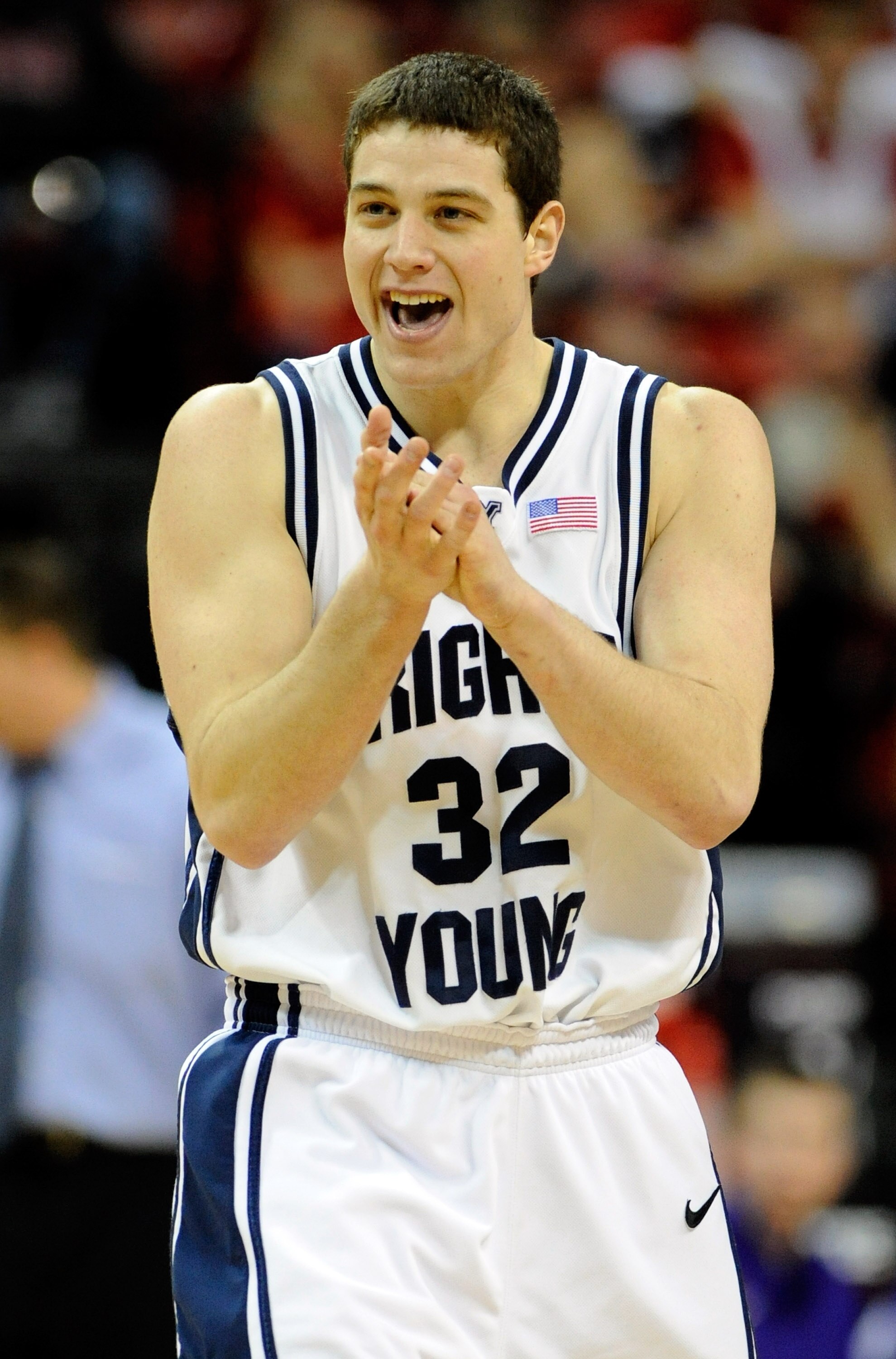 LAS VEGAS - MARCH 11:  Jimmer Fredette #32 of the Brigham Young University Cougars reacts during the team's quarterfinal game against the Texas Christian University Horned Frogs during the Conoco Mountain West Conference Basketball tournament at the Thoma
