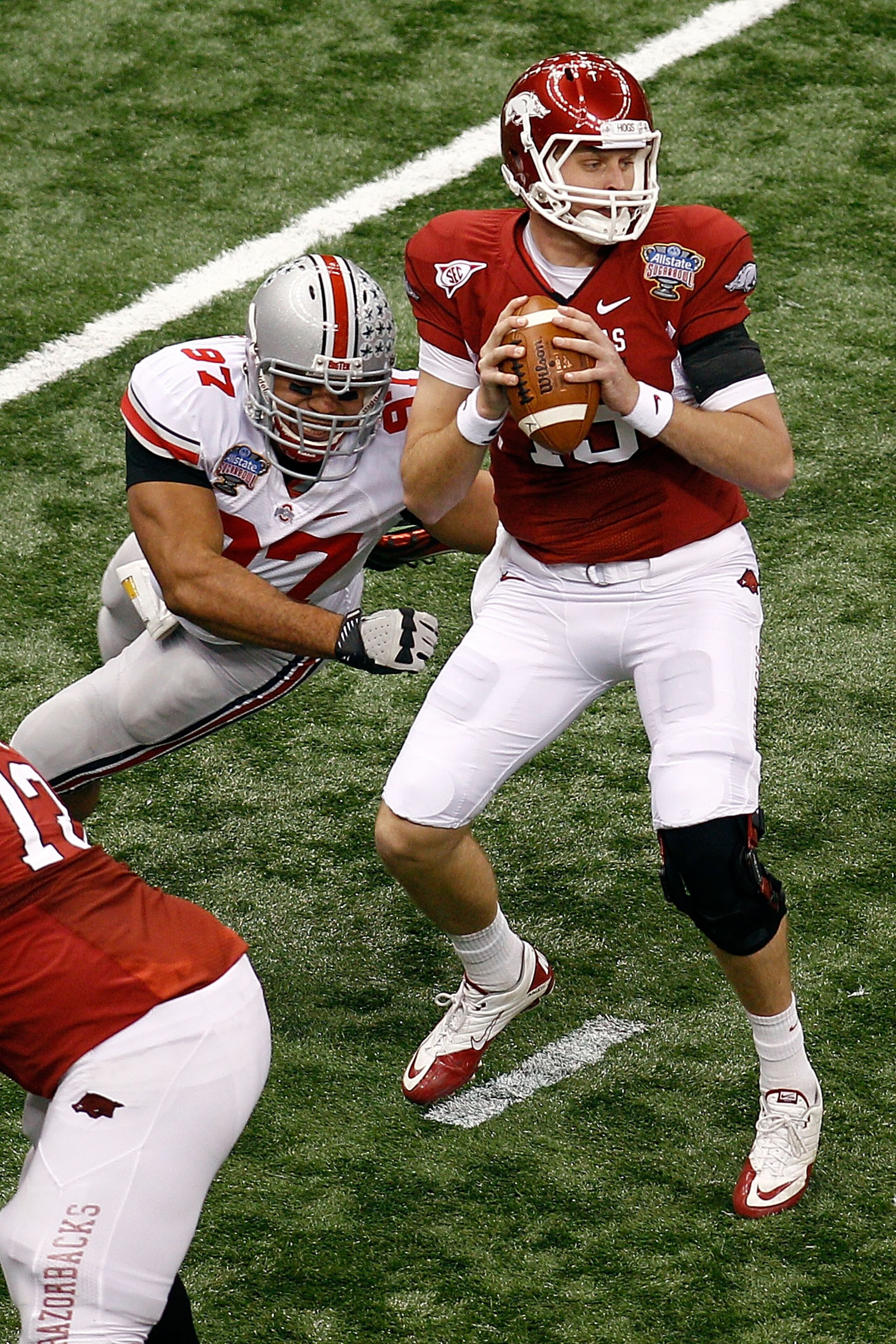 NEW ORLEANS, LA - JANUARY 04:  Ryan Mallett #15 of the Arkansas Razorbacks looks to pass against the Ohio State Buckeyes during the Allstate Sugar Bowl at the Louisiana Superdome on January 4, 2011 in New Orleans, Louisiana.  (Photo by Chris Graythen/Gett