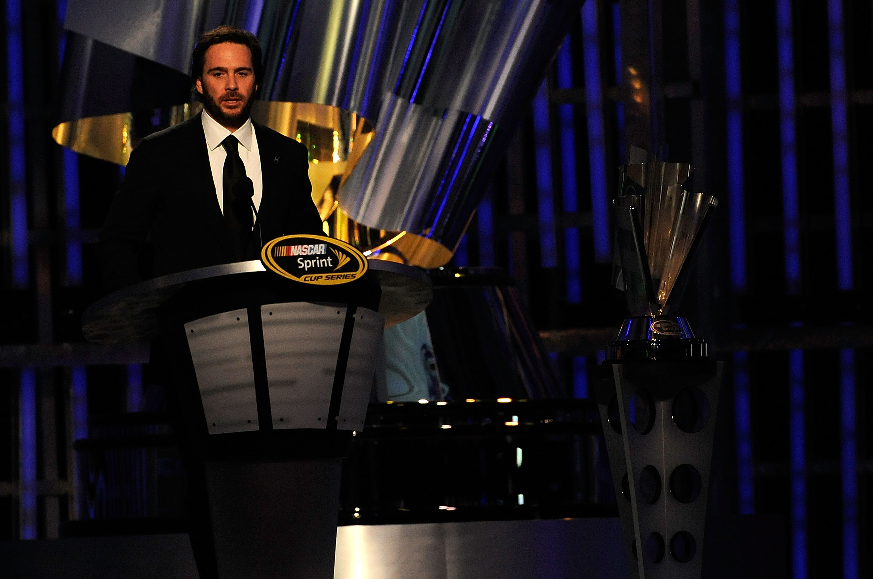 LAS VEGAS, NV - DECEMBER 03:  Five-time champion Jimmie Johnson speaks during the NASCAR Sprint Cup Series awards banquet at the Wynn Las Vegas Hotel on December 3, 2010 in Las Vegas, Nevada.  (Photo by Rusty Jarrett/Getty Images)