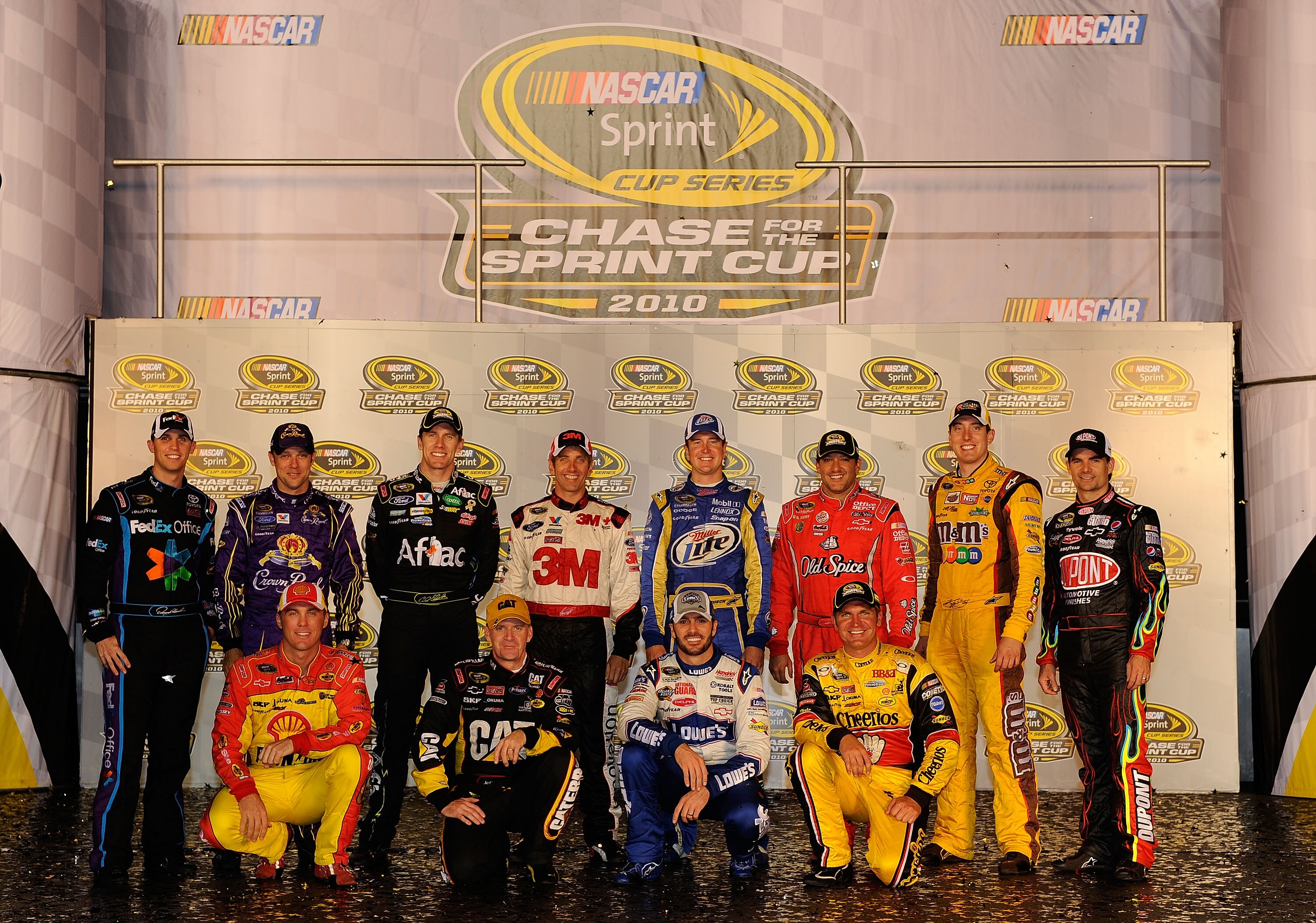 RICHMOND, VA - SEPTEMBER 11:  (Back row from L-R) The 2010 NASCAR Sprint Cup Series Chase contenders Denny Hamlin, driver of the #11 FedEx Office Toyota, Matt Kenseth, driver of the #17 Crown Royal Ford, Carl Edwards, driver of the #99 Kellogg's/Cheez-It