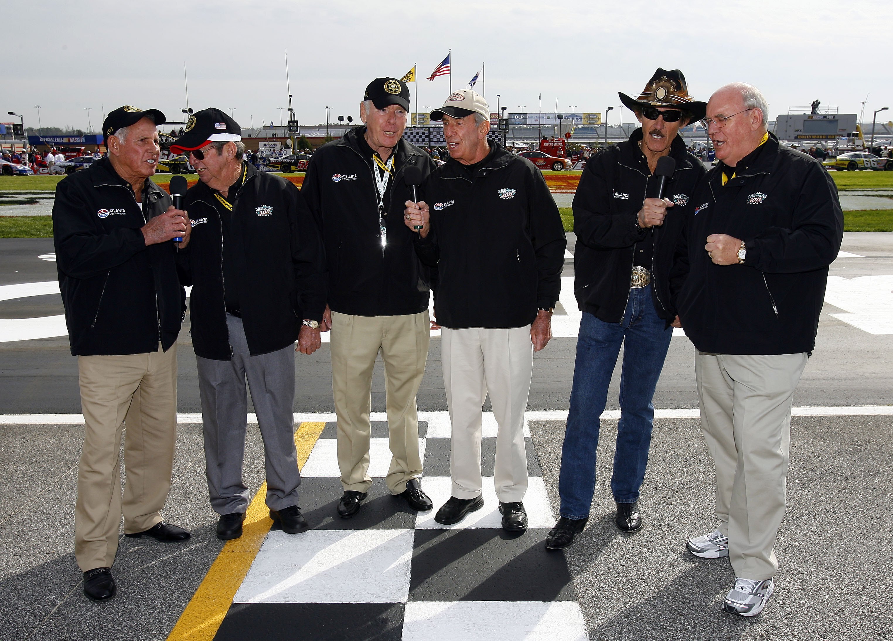 HAMPTON, GA - MARCH 18:  (L-R) Grand Marshals, David Pearson, Donnie Allison, Buddy Baker, Ned Jarrett, Richard Petty, and Benny Parsons give the command to start engines prior to the strat of the NASCAR Busch Series Nicorette 300 at the Atlanta Motor Spe