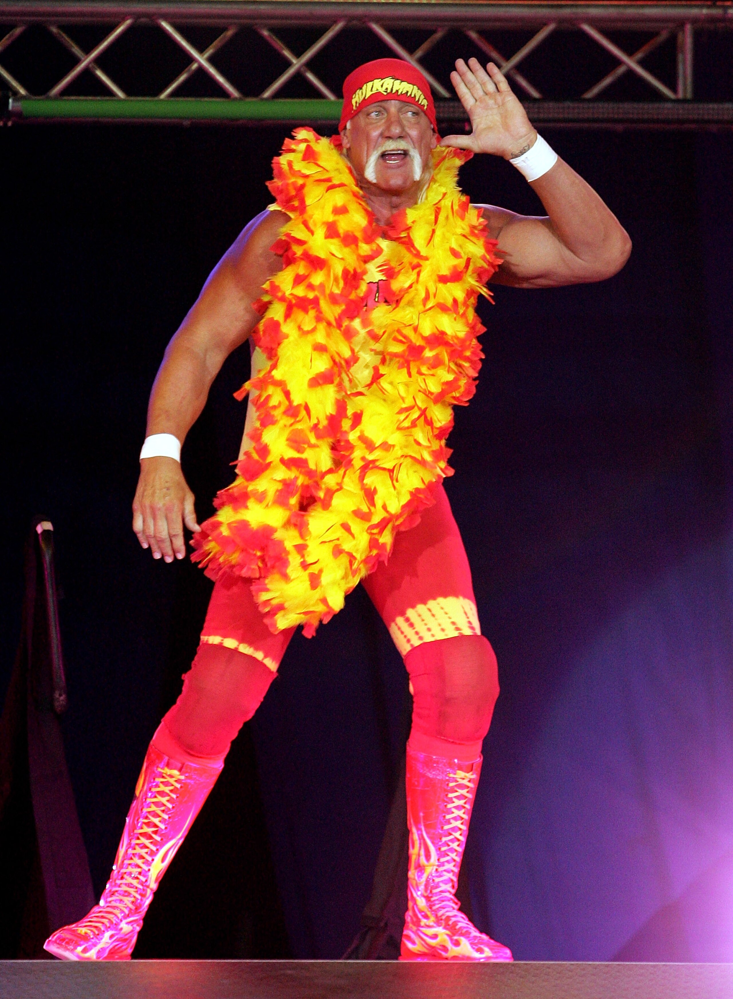 PERTH, AUSTRALIA - NOVEMBER 24: Hulk Hogan enters the stage prior to his bout against Rick Flair during the Hulkamania Tour at the Burswood Dome on November 24, 2009 in Perth, Australia. (Photo by Paul Kane/Getty Images) PERTH, AUSTRALIA - NOVEMBER 24: Hulk Hogan enters the stage prior to his bout against Rick Flair during the Hulkamania Tour at the Burswood Dome on November 24, 2009 in Perth, Australia. (Photo by Paul Kane/Getty Images)