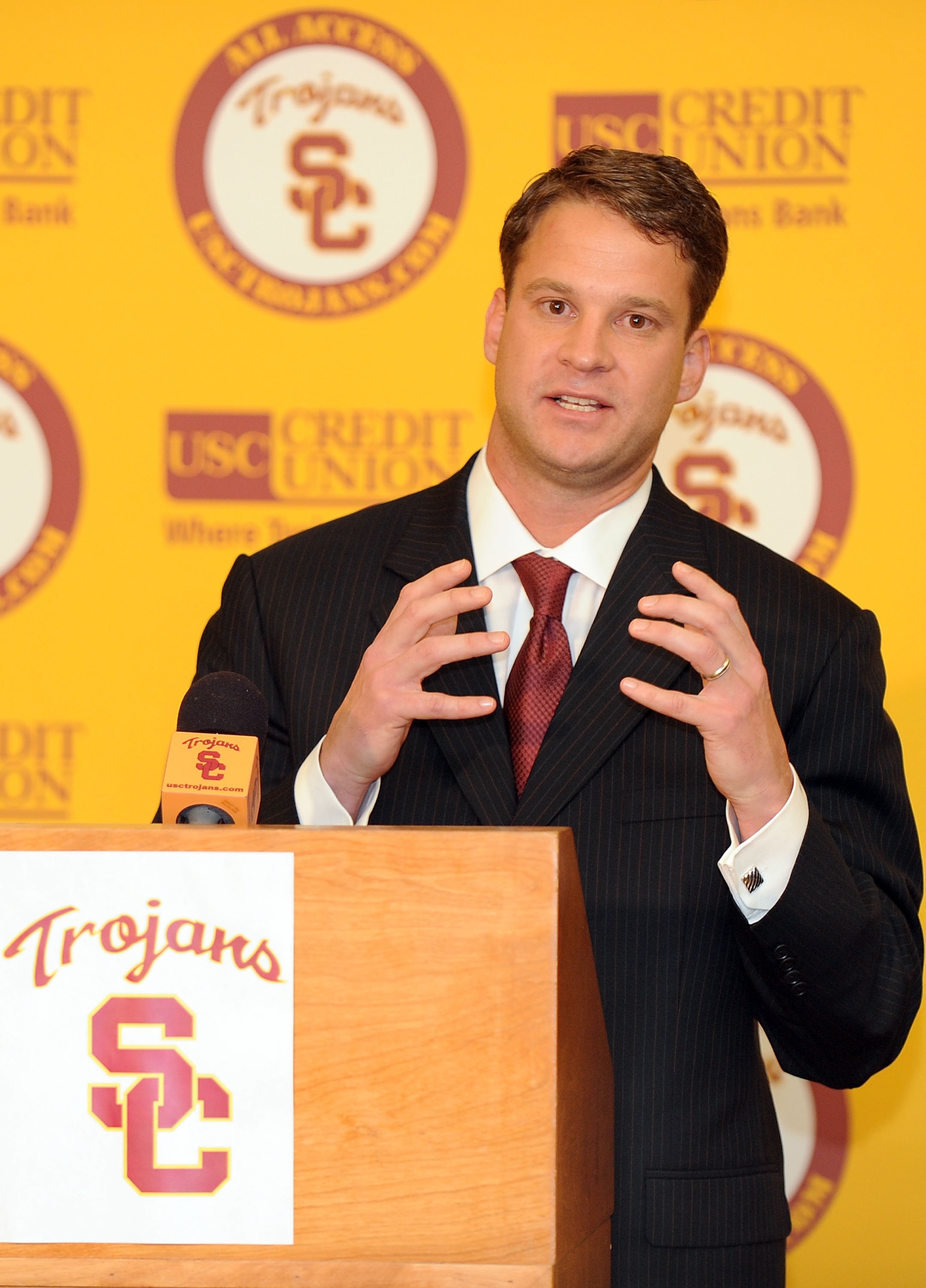 LOS ANGELES, CA - JANUARY 13: New head coach of the USC Trojans Lane Kiffin speaks to the media during a press conference at Heritage Hall January 13, 2010 in Los Angeles, California. (Photo by Harry How/Getty Images) LOS ANGELES, CA - JANUARY 13: New head coach of the USC Trojans Lane Kiffin speaks to the media during a press conference at Heritage Hall January 13, 2010 in Los Angeles, California. (Photo by Harry How/Getty Images)