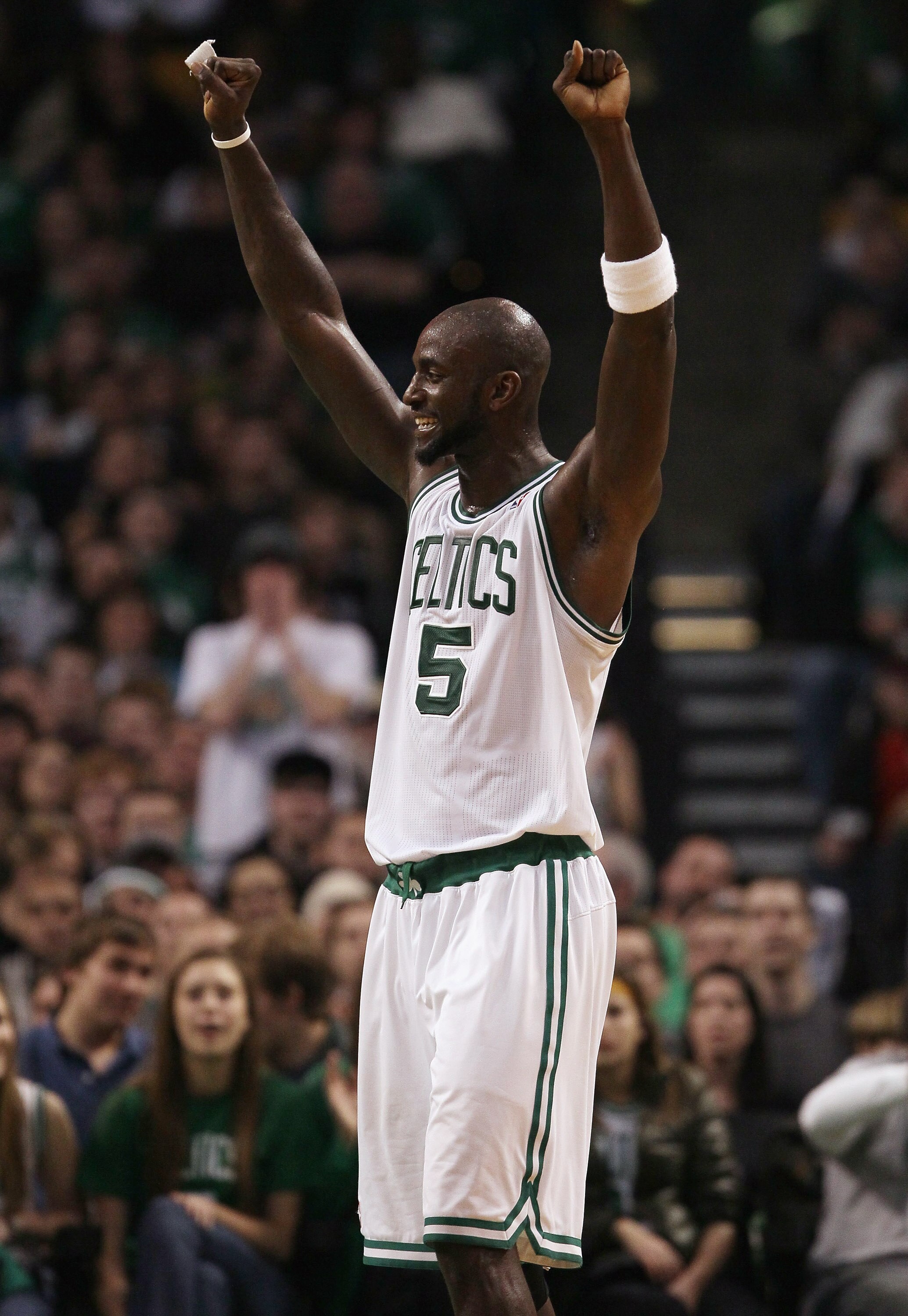 BOSTON, MA - JANUARY 21:  Kevin Garnett #5 of the Boston Celtics celebrates after teammate Ray Allen attempted to block a shot by the Utah Jazz on January 21, 2011 at the TD Garden in Boston, Massachusetts.  The Celtics defeated the Jazz 110-86. NOTE TO U