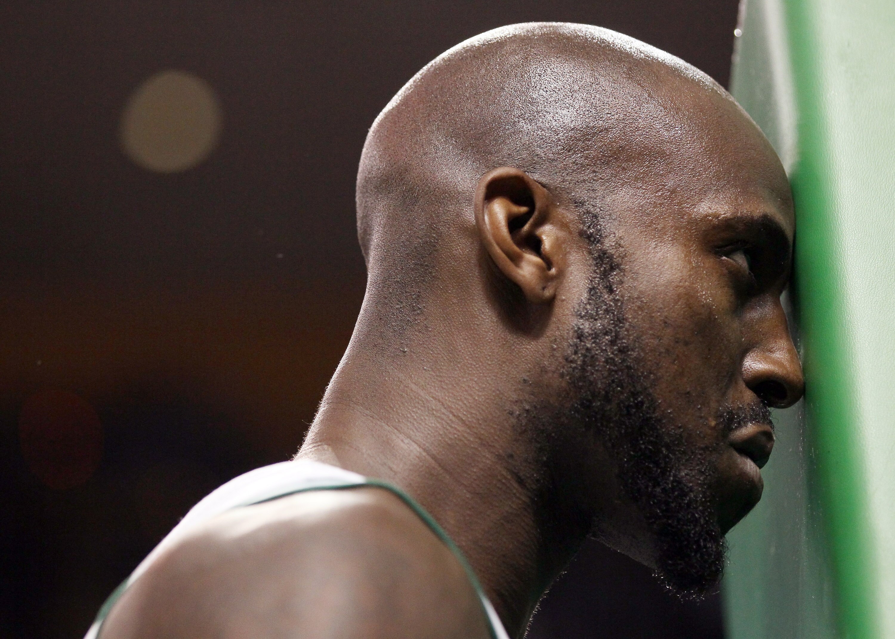 BOSTON, MA - JANUARY 21:  Kevin Garnett #5 of the Boston Celtics goes through his pregame ritual of staring at the padding before the tipoff against the Utah Jazz on January 21, 2011 at the TD Garden in Boston, Massachusetts.  NOTE TO USER: User expressly