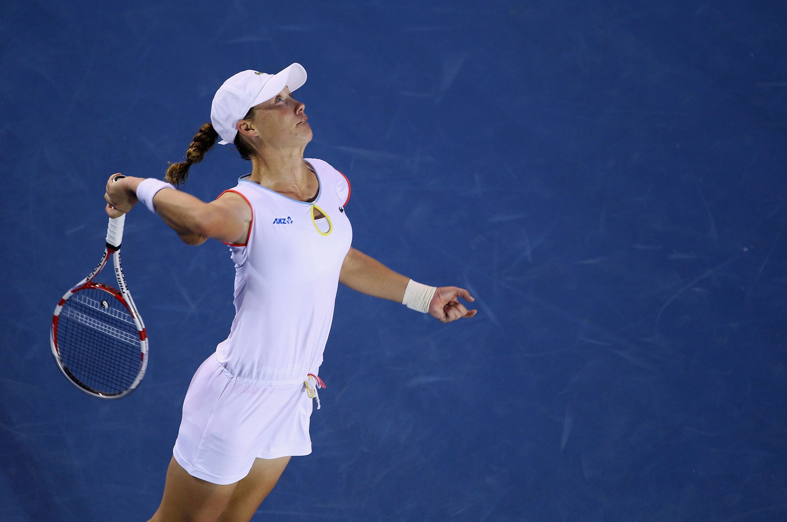 MELBOURNE, AUSTRALIA - JANUARY 22:  Samantha Stosur of Australia serves in her third round match against Petra Kvitova of the Czech Republic during day six of the 2011 Australian Open at Melbourne Park on January 22, 2011 in Melbourne, Australia.  (Photo