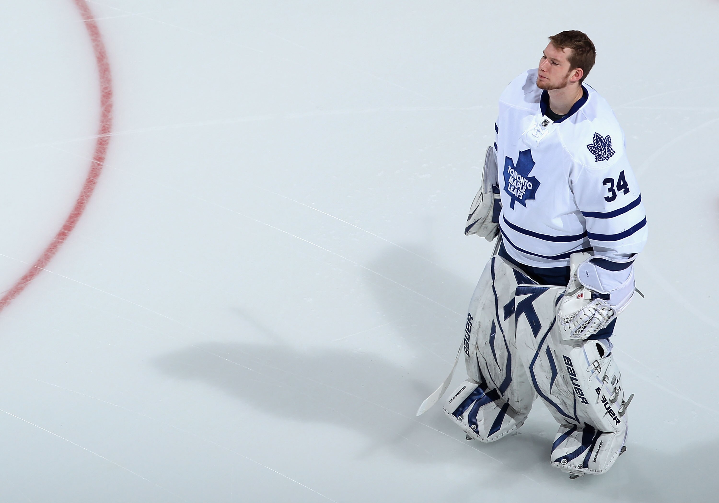 GLENDALE, AZ - JANUARY 13:  Goaltender James Reimer #34 of the Toronto Maple Leafs before the NHL game against the Phoenix Coyotes at Jobing.com Arena on January 13, 2011 in Glendale, Arizona. The Coyotes defeated the Maple Leafs 5-1.  (Photo by Christian