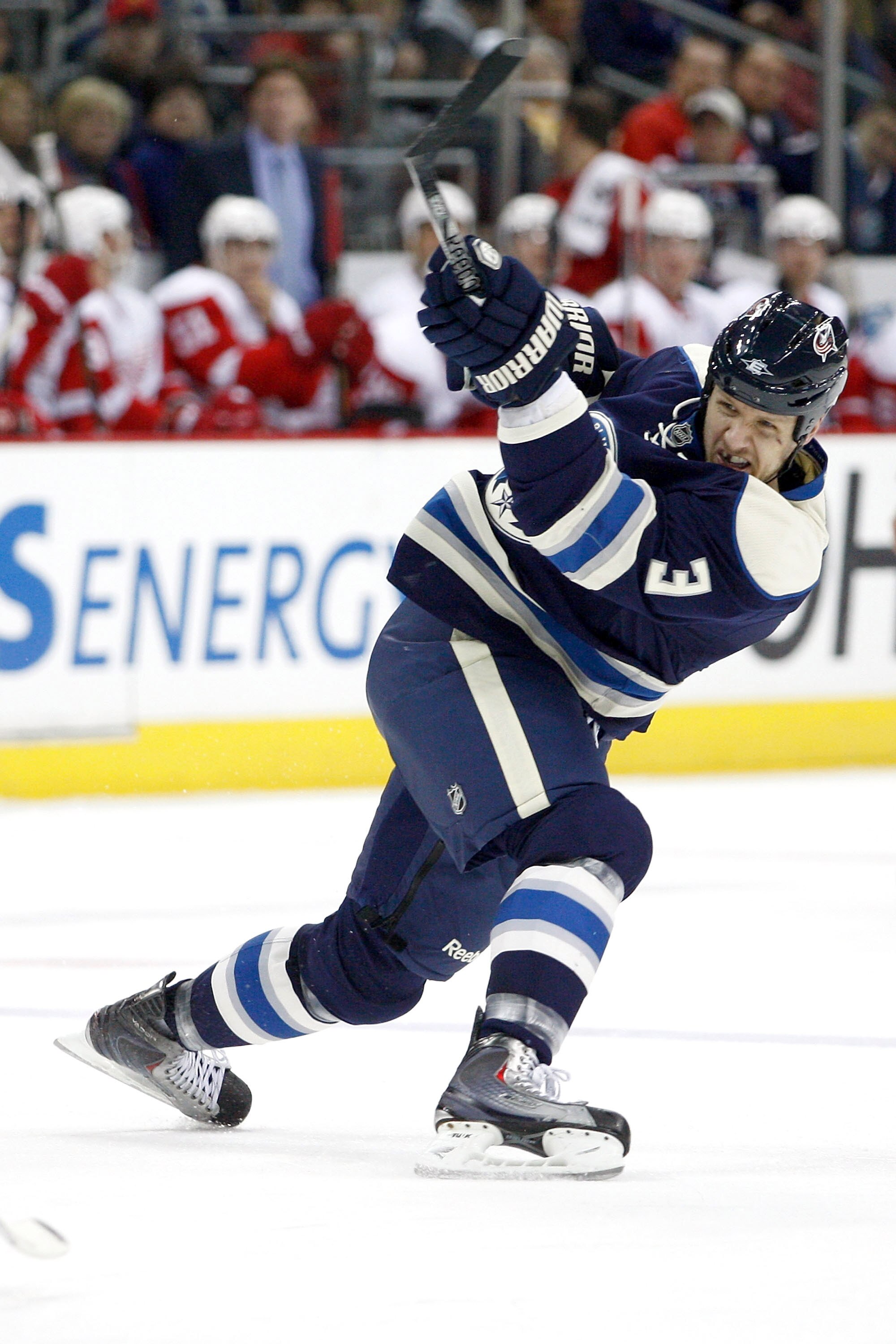 COLUMBUS, OH - JANUARY 14:  Marc Methot #3 of the Columbus Blue Jackets shoots the puck during a game against the Detroit Red Wings on January 14, 2011 at Nationwide Arena in Columbus, Ohio. (Photo by John Grieshop/Getty Images)
