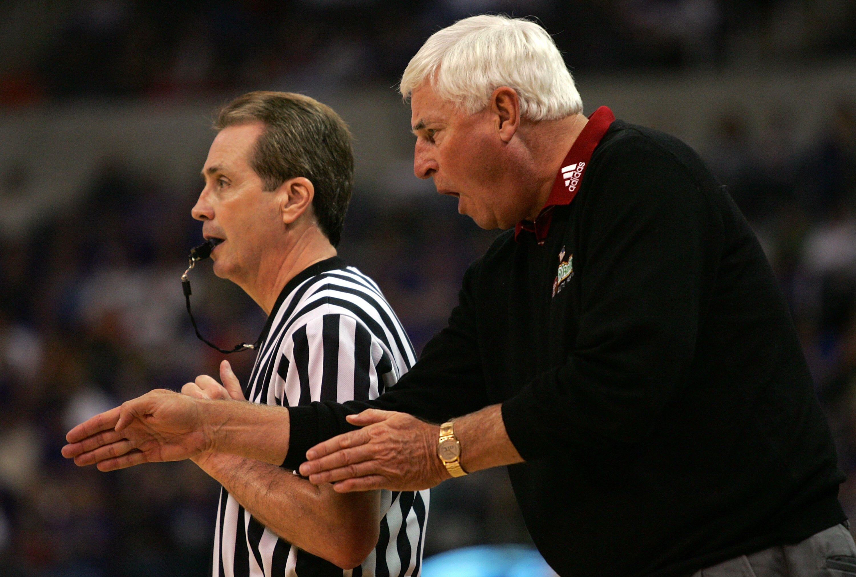 OKLAHOMA CITY - MARCH 09:  Head coach Bob Knight of the Texas Tech Red Raiders yells at a referee during the quarterfinal game of the Phillips 66 Big 12 Men's Basketball Championship against the Kansas State Wildcats on March 9, 2007 at the Ford Center in