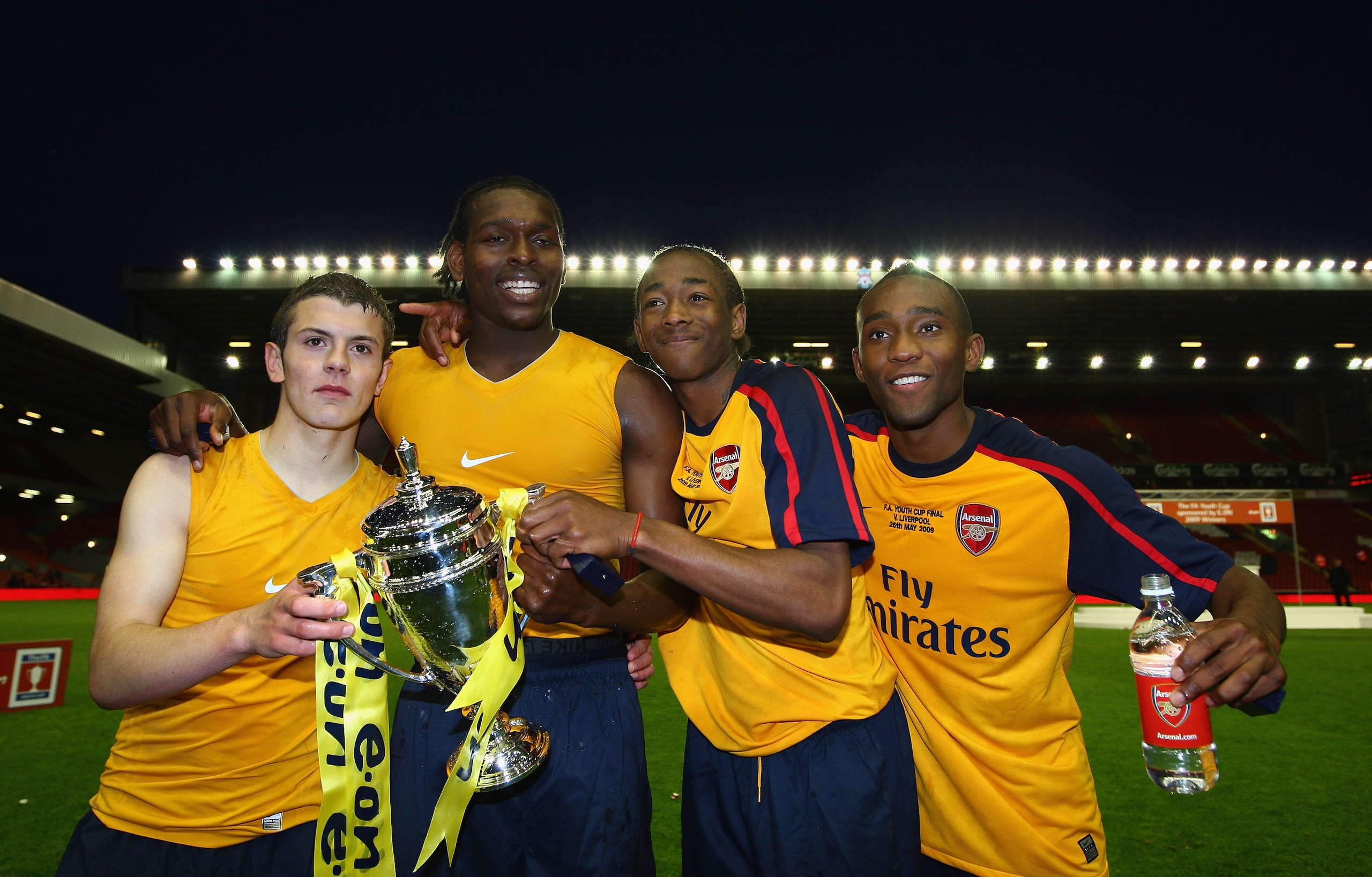 LIVERPOOL, ENGLAND - MAY 26:  (L-R) Arsenals Jack Wilshere, Jay Emmanuel Thomas, Sanchez Watt and Cedric Evina celebrate winning the FA Youth Cup during the second leg of the FA Youth Cup final sponsored by E.ON, between Liverpool and Arsenal at Anfield o