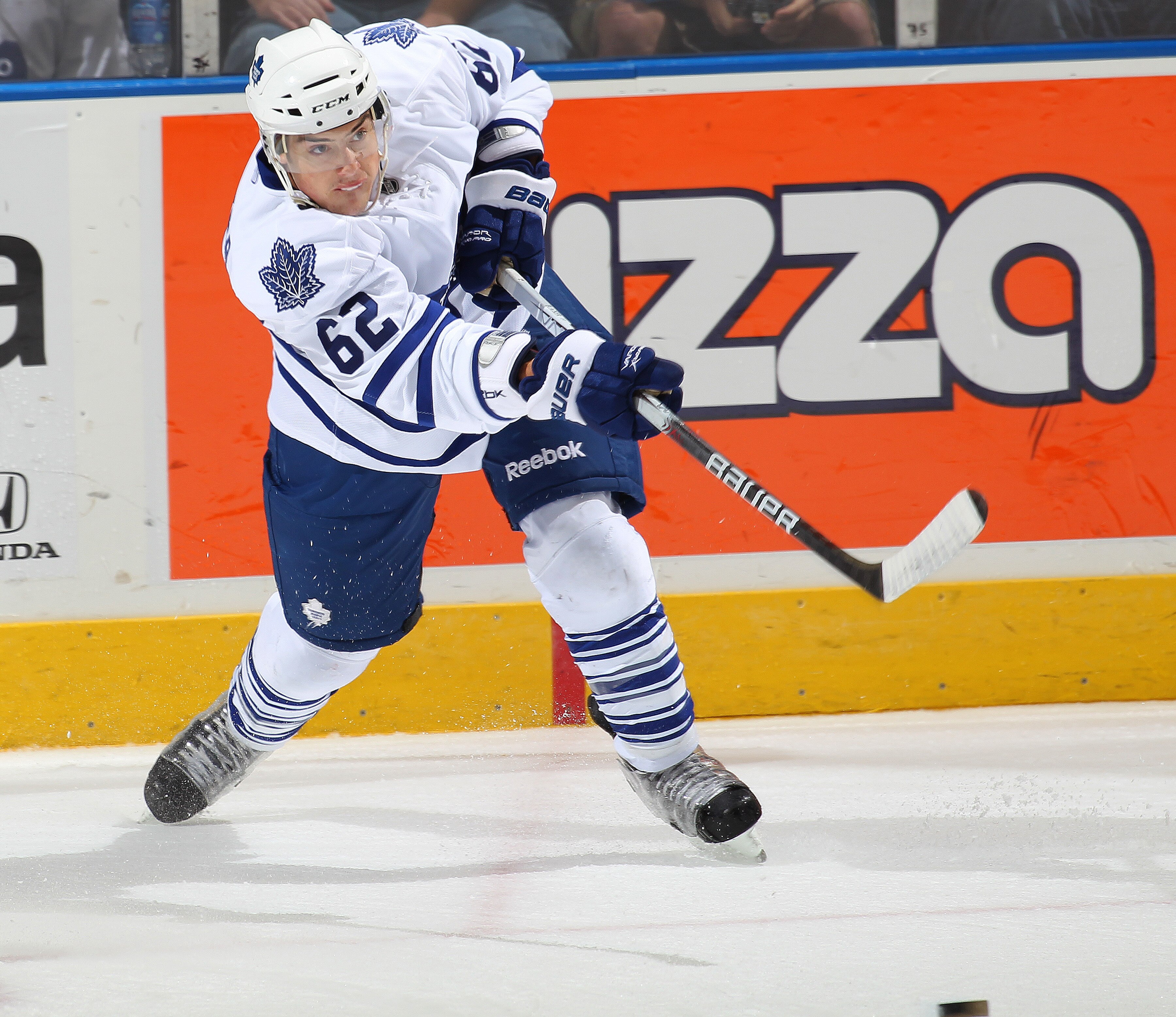 LONDON,ON - SEPTEMBER 12:  Jesse Blacker #62 of the Toronto Maple Leafs fires a shot in a game against the Pittsburgh Penguins during the NHL Rookie Tournament on September 12,2010 at the John Labatt Centre in London, Ontario. The Penguins defeated the Le