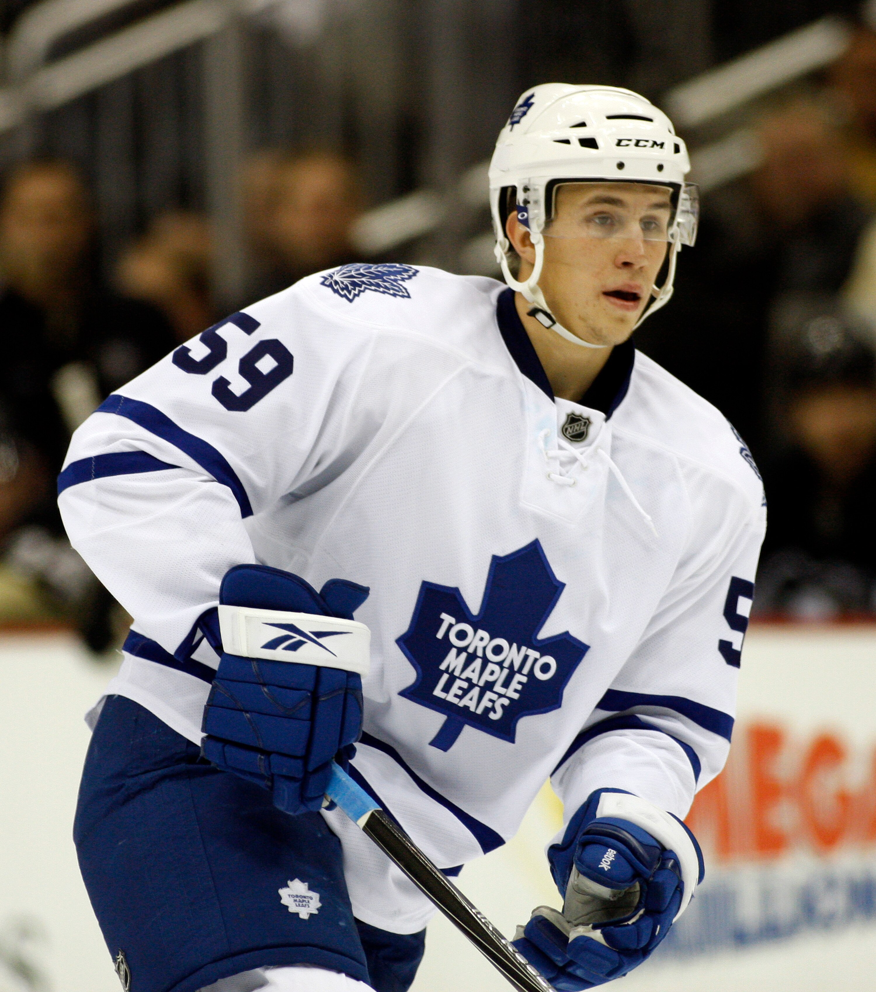 PITTSBURGH, PA - DECEMBER 08:  Keith Aulie #59 of the Toronto Maple Leafs skates against the Pittsburgh Penguins at Consol Energy Center on December 8, 2010 in Pittsburgh, Pennsylvania.  Penguins defeated the Maple Leafs 5-2.  (Photo by Justin K. Aller/Ge