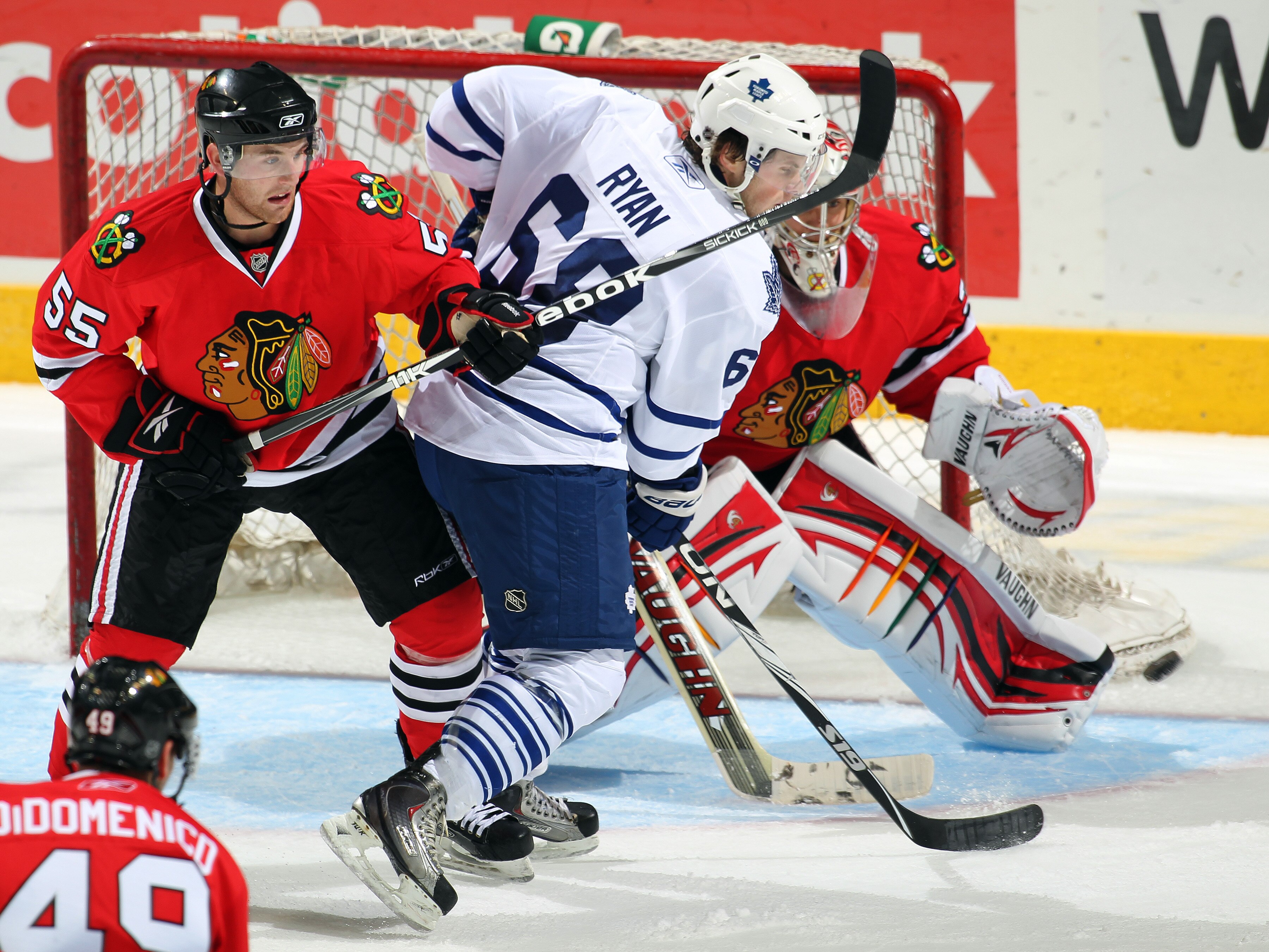 LONDON, CANADA - SEPTEMBER 11:  Kenny Ryan #68 of the Toronto Maple Leafs gets set to tip a shot at Alec Richards #38 of the Chicago Blackhawks in a game during the NHL Rookie Tournament on September 11,2010 at the John Labatt Centre in London, Ontario, C