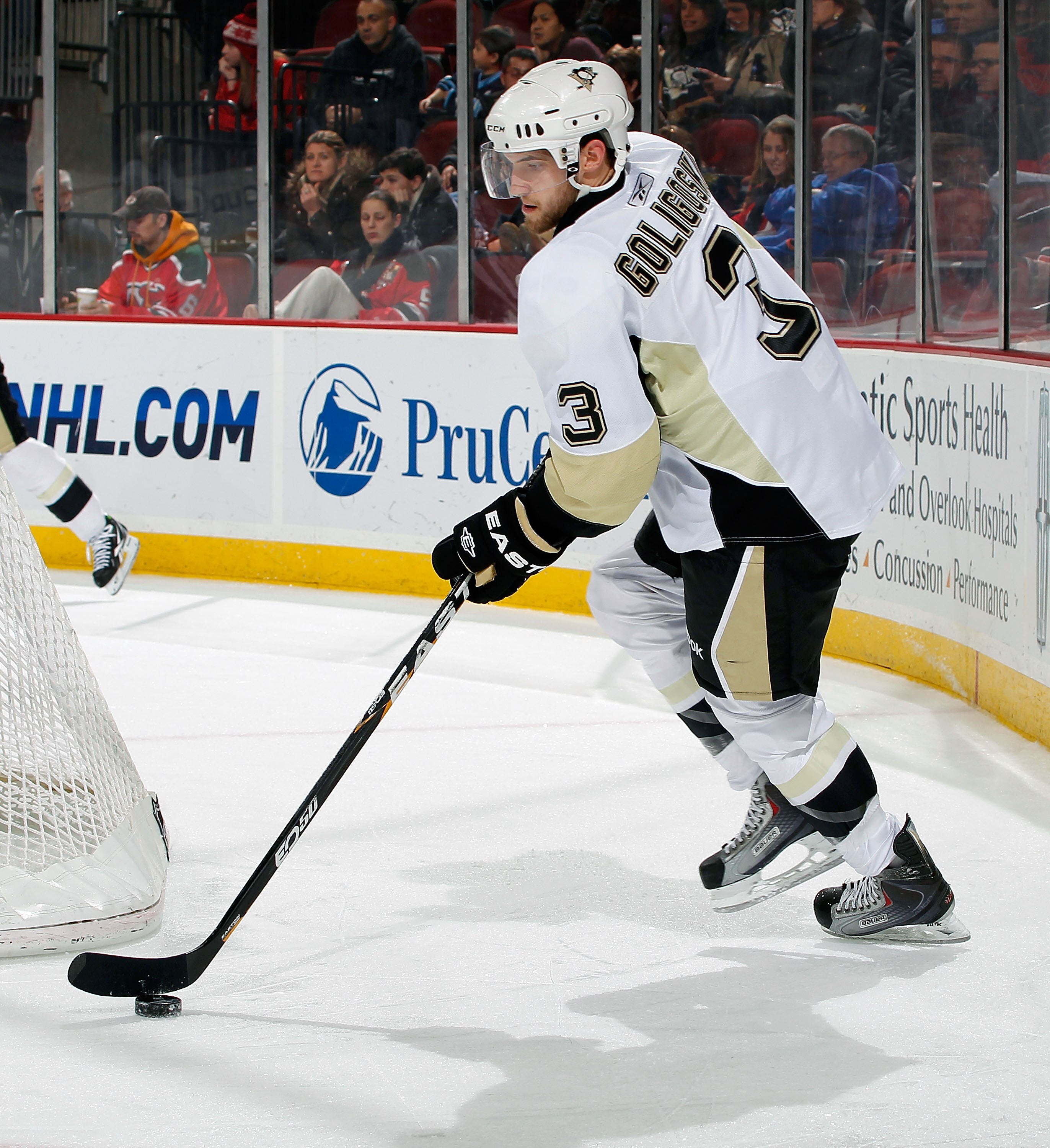 NEWARK, NJ - JANUARY 20:  Alex Goligoski #3 of the Pittsburgh Penguins skates in an NHL hockey game against the New Jersey Devils at the Prudential Center on January 20, 2011 in Newark, New Jersey.  (Photo by Paul Bereswill/Getty Images)