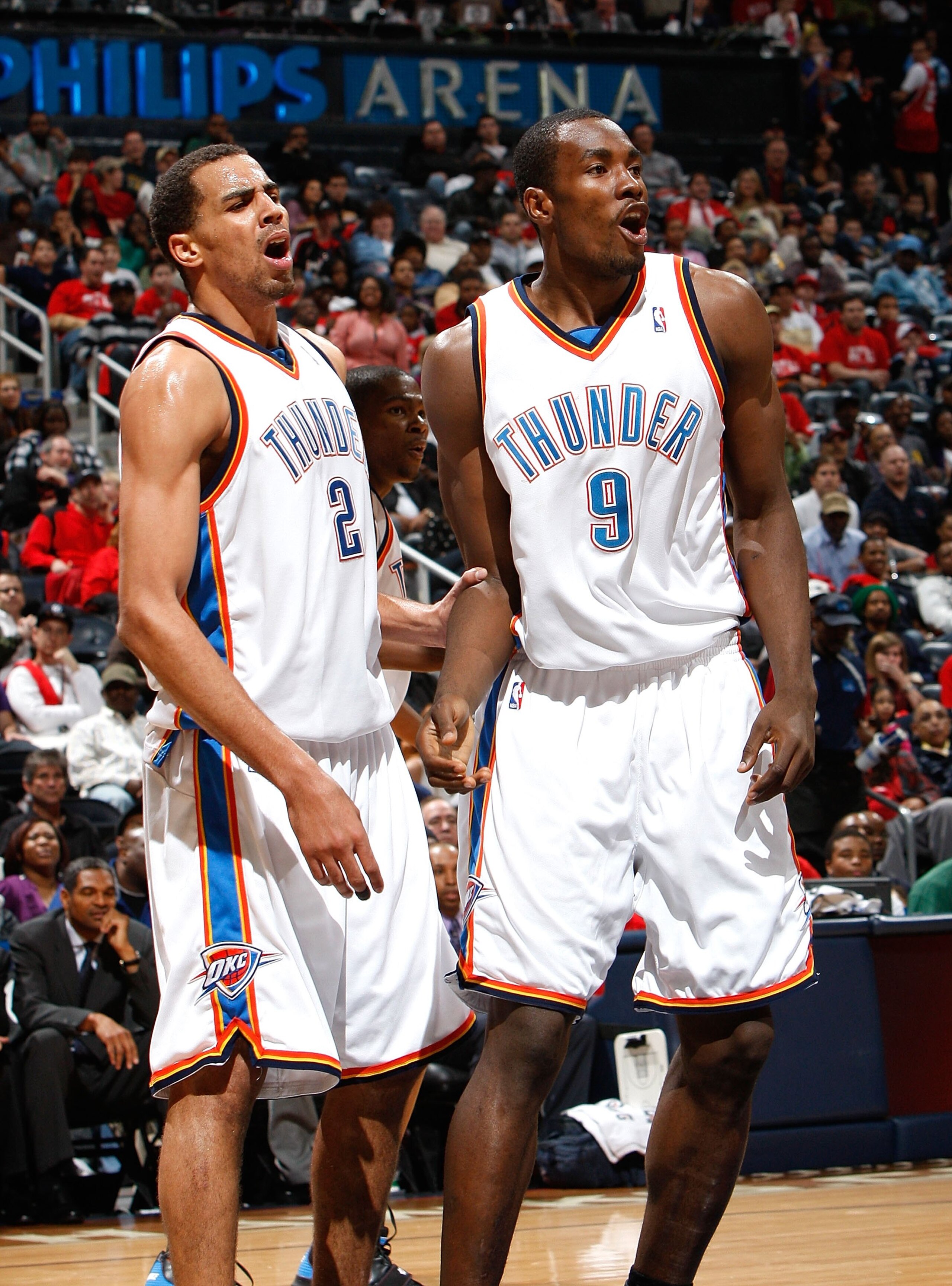 ATLANTA - JANUARY 18: Thabo Sefolosha #2 and Serge Ibaka #9 of the Oklahoma City Thunder against the Atlanta Hawks at Philips Arena on January 18, 2010 in Atlanta, Georgia. NOTE TO USER: User expressly acknowledges and agrees that, by downloading and/or ATLANTA - JANUARY 18: Thabo Sefolosha #2 and Serge Ibaka #9 of the Oklahoma City Thunder against the Atlanta Hawks at Philips Arena on January 18, 2010 in Atlanta, Georgia. NOTE TO USER: User expressly acknowledges and agrees that, by downloading and/or
