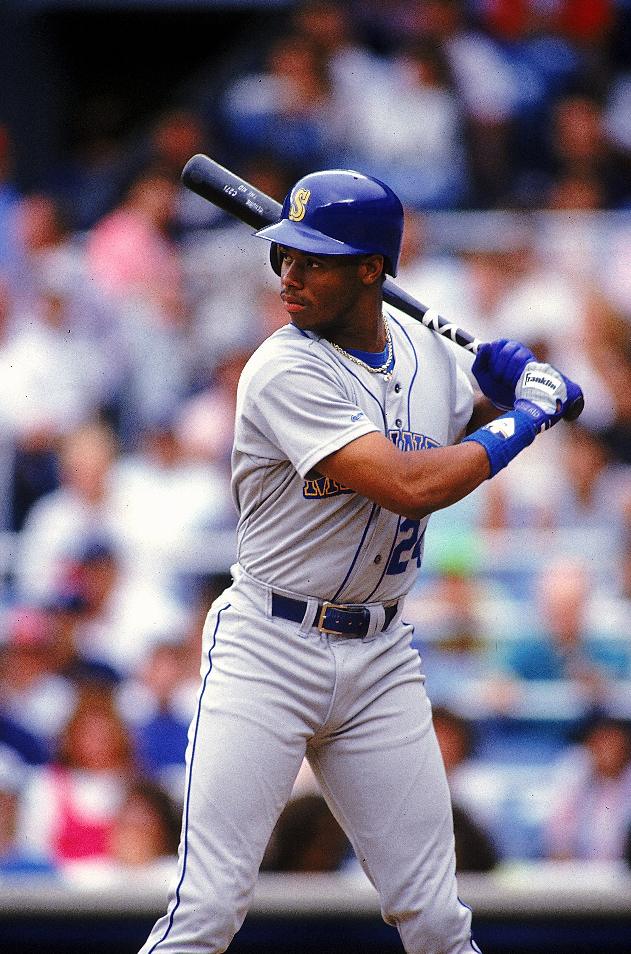 1990: Ken Griffey Jr.#24 of the Seattle Mariners swings at the ball. Mandatory Credit: Scott Halleran  /Allsport