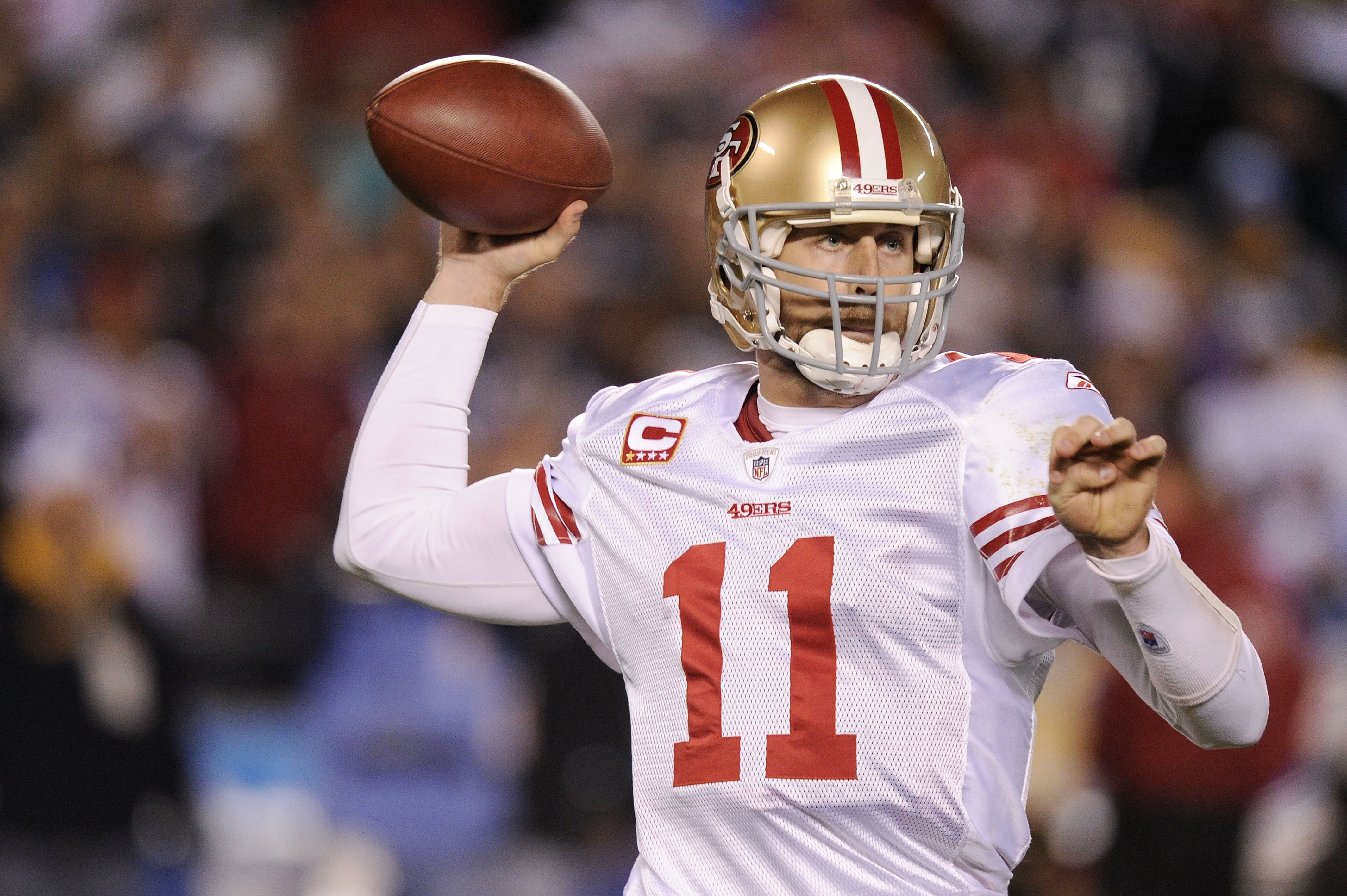 SAN DIEGO, CA - DECEMBER 16:  Quarterback Alex Smith #11 of the San Francisco 49ers drops back to pass against the San Diego Chargers at Qualcomm Stadium on December 16, 2010 in San Diego, California.  (Photo by Harry How/Getty Images)
