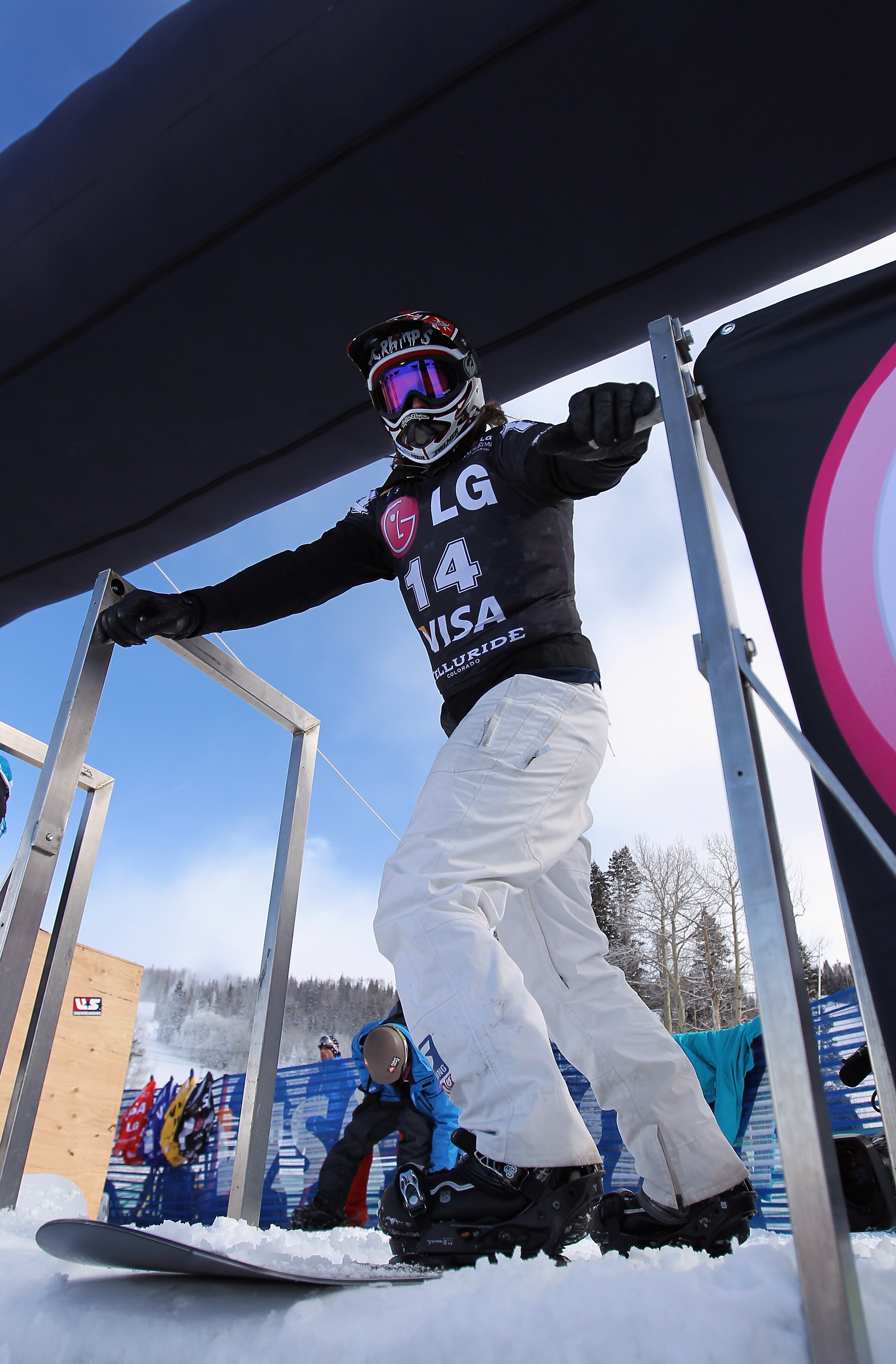TELLURIDE, CO - DECEMBER 17:  Shaun Palmer of the USA takes to the gate for inspection before the Snowboard Cross at the LG Snowboard FIS World Cup on December 17, 2010 in Telluride, Colorado.  (Photo by Doug Pensinger/Getty Images)