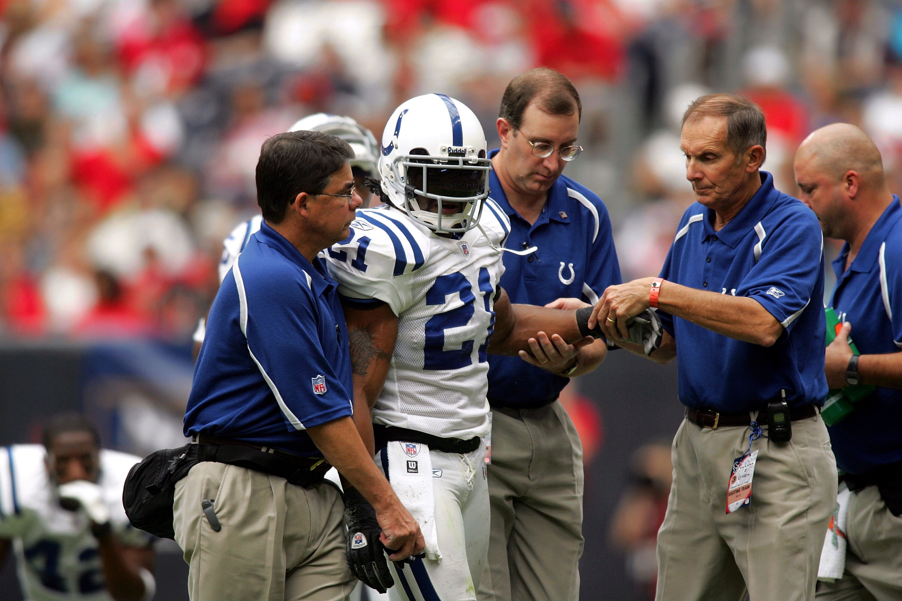 HOUSTON - OCTOBER 23:  Defensive back Bob Sanders #21 of the Indianapolis Colts leaves the field after an injury during play against the Houston Texans on October 23, 2005 at Reliant Stadium in Houston, Texas. The Colts defeated the Texans 38-20.  (Photo