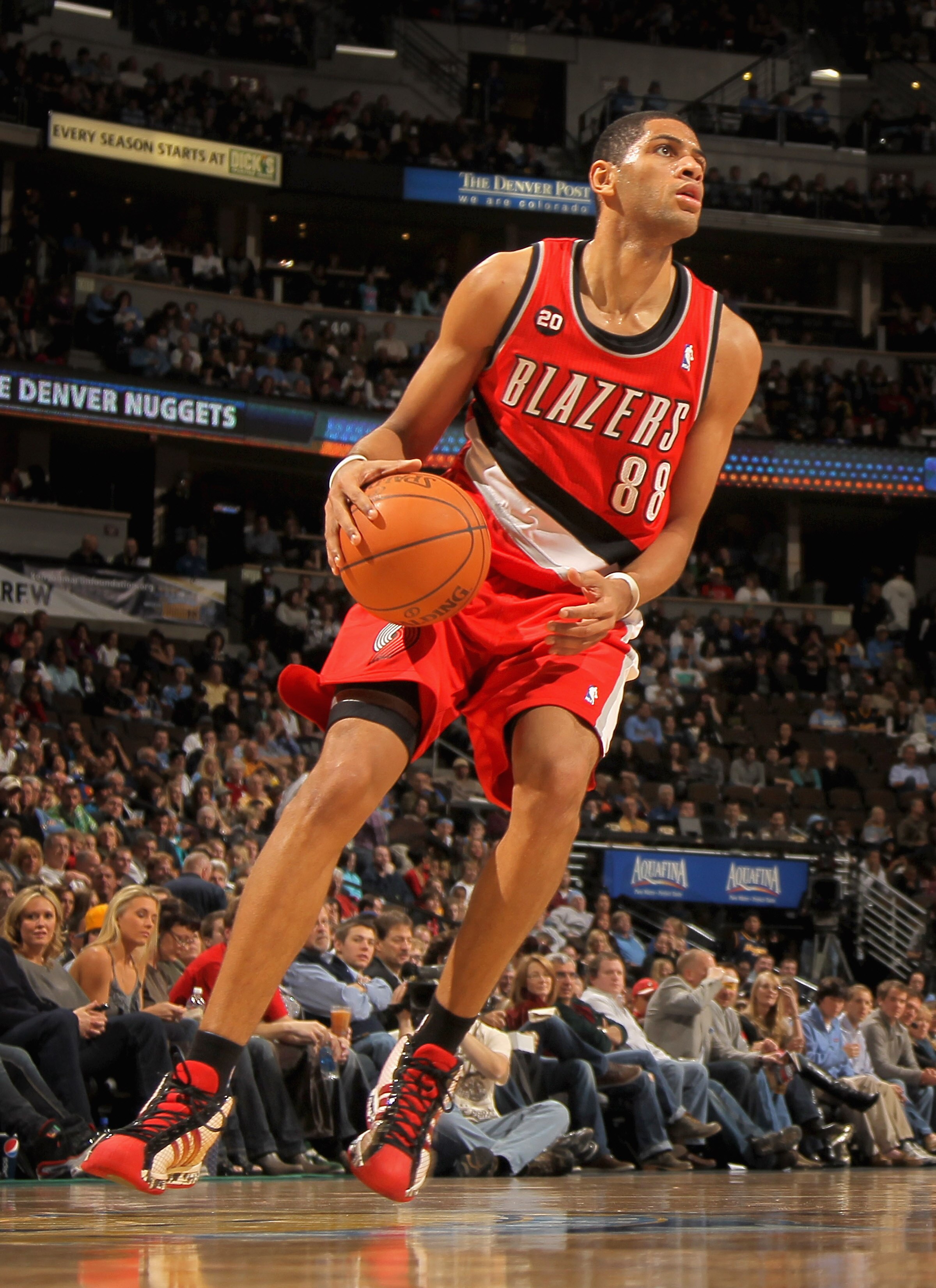 DENVER - DECEMBER 28:  Nicolas Batum #88 of the Portland Trail Blazers controls the ball against the Denver Nuggets at Pepsi Center on December 28, 2010 in Denver, Colorado. The Nuggets defeated the Blazers 95-77. NOTE TO USER: User expressly acknowledges
