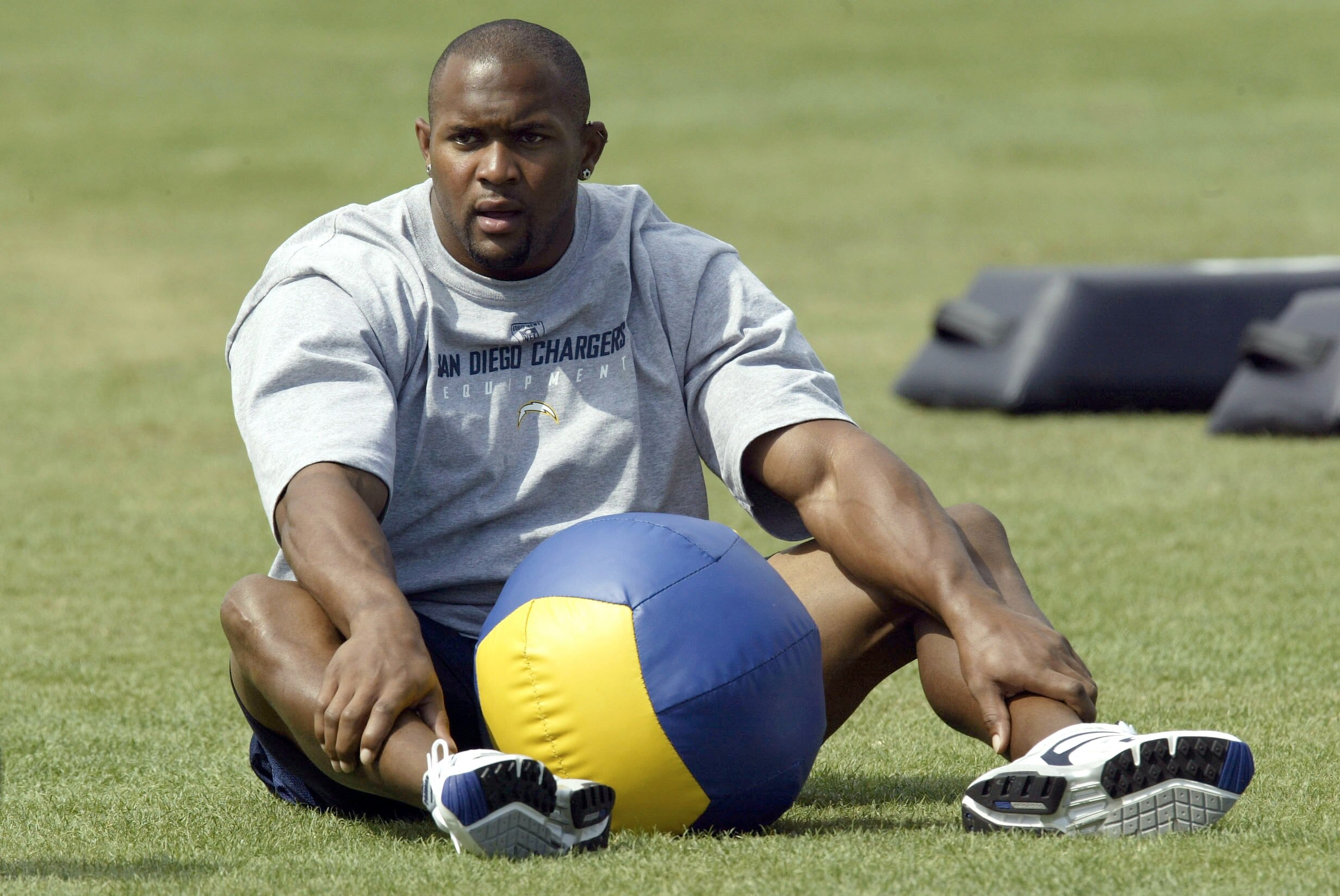 CARSON, CA - JULY 29:  Wide receiver David Boston #89 of the San Diego Chargers pauses while working out with a medicine ball during Chargers' training camp July 29, 2003 at the Home Depot Center in Carson, California.  Davis did not practice due to injur