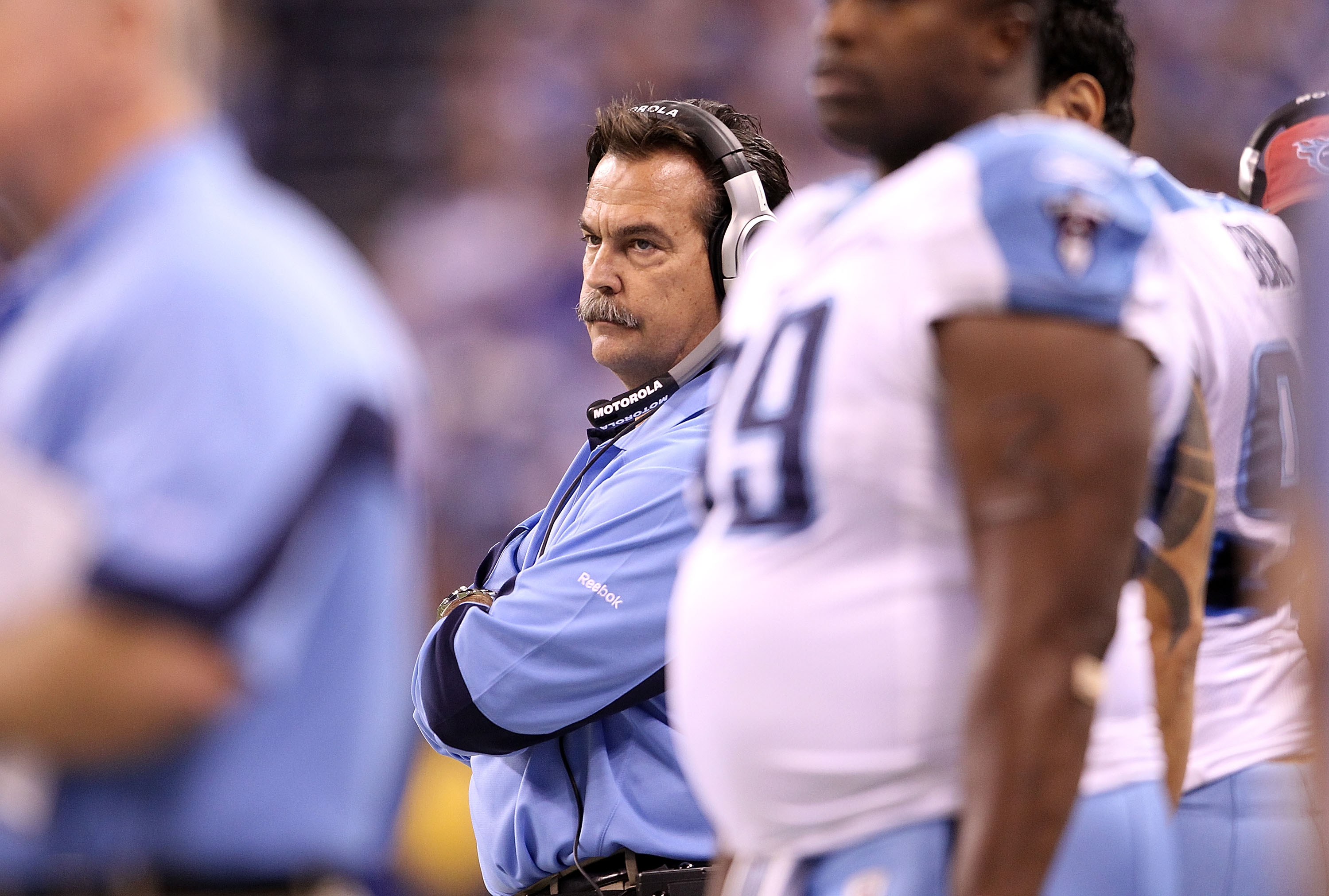 INDIANAPOLIS - JANUARY 02:  Jeff Fisher the Head Coach of the Tennessee Titans watches play during NFL game against the Indianapolis Colts at Lucas Oil Stadium on January 2, 2011 in Indianapolis, Indiana.  (Photo by Andy Lyons/Getty Images)