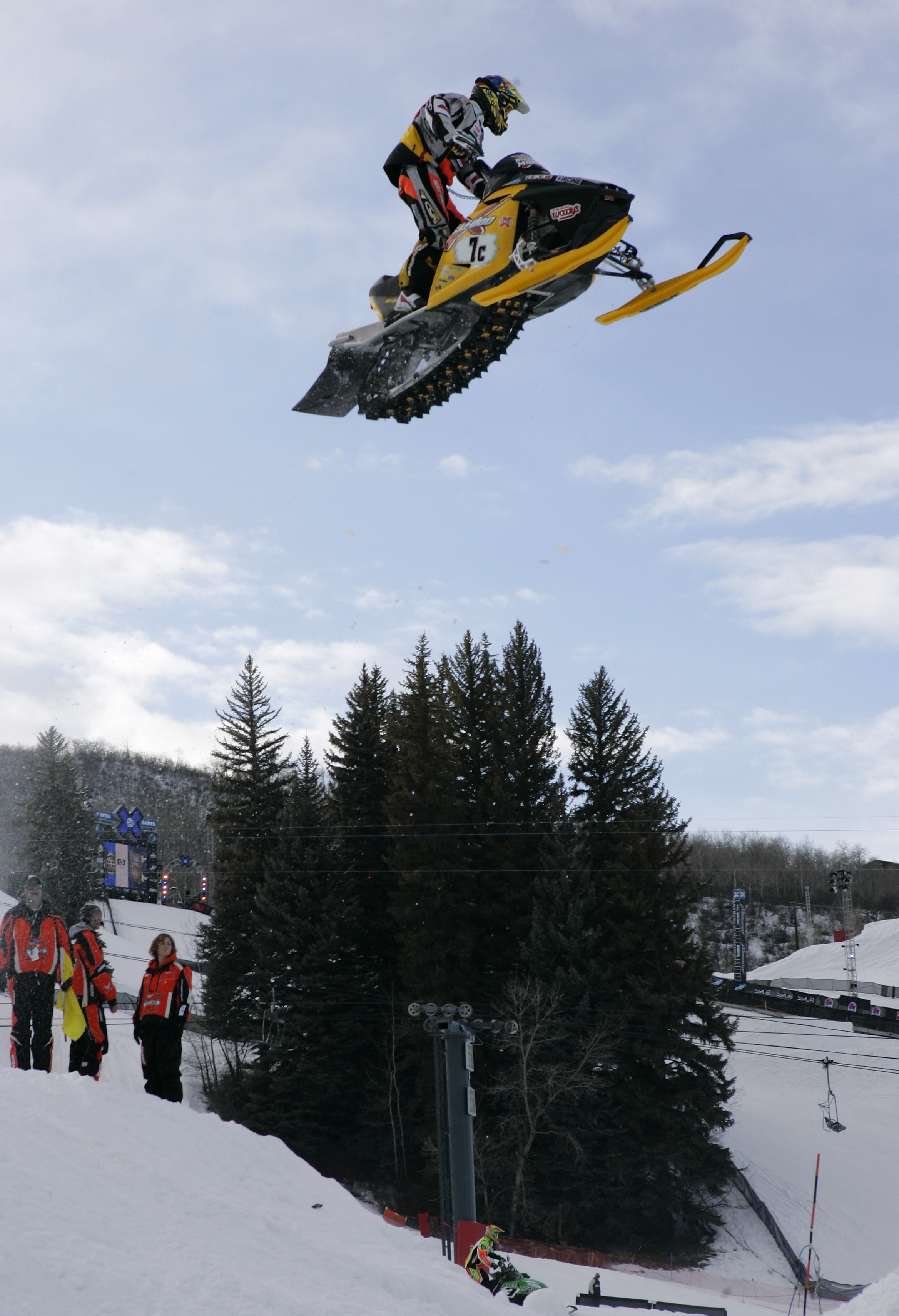 ASPEN, CO - JANUARY 30:  Blair Morgan #7c of Canada works on the course during SnoCross practice at the Winter X Games Nine on January 30, 2005 at Buttermilk in Aspen, Colorado.  (Photo by Brian Bahr/Getty Images)