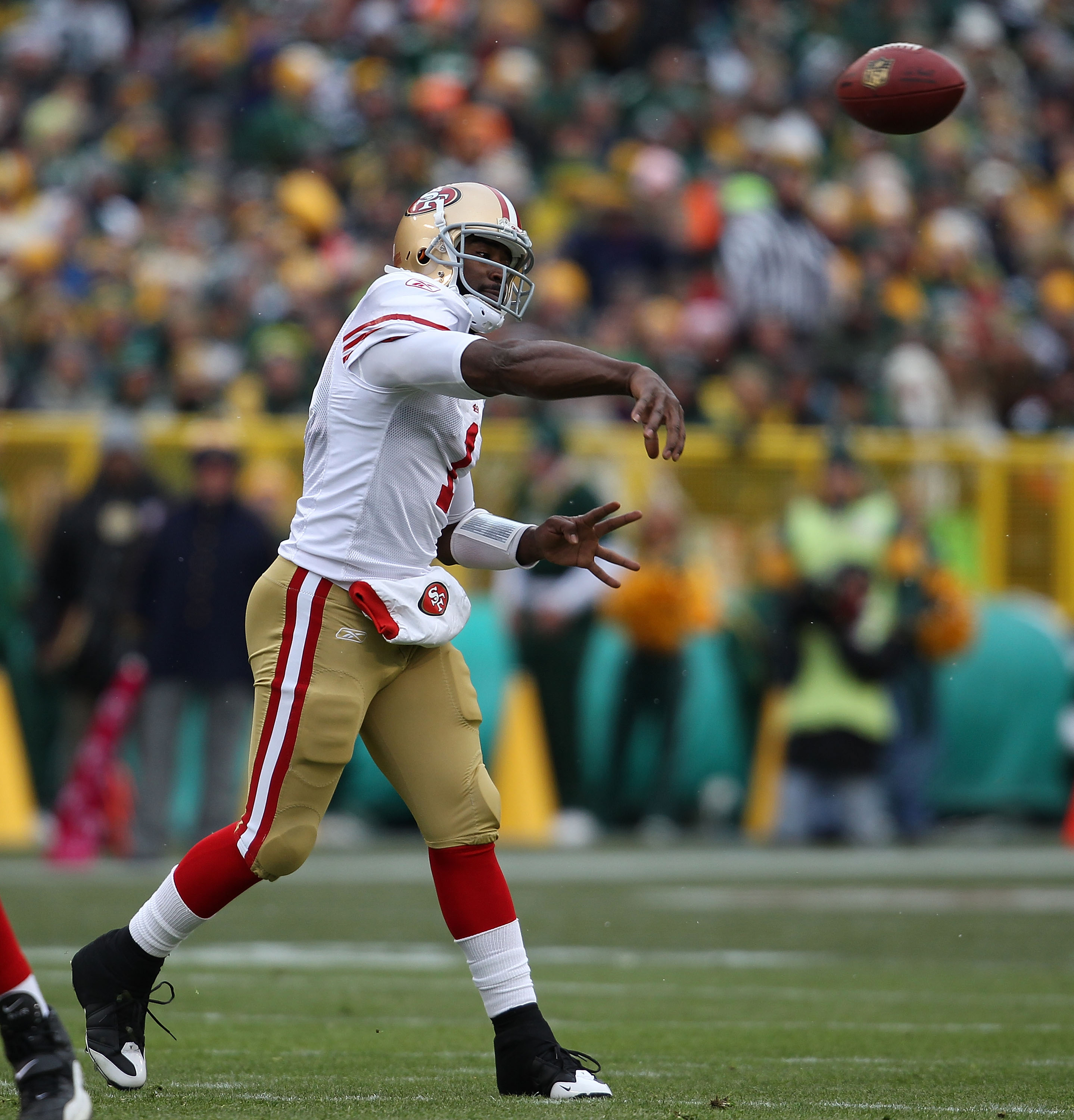 GREEN BAY, WI - DECEMBER 05: Troy Smith #1 of the San Francisco 49ers throws a pass against the Green Bay Packers at Lambeau Field on December 5, 2010 in Green Bay, Wisconsin. The Packers defeated the 49ers 34-16. (Photo by Jonathan Daniel/Getty Images)