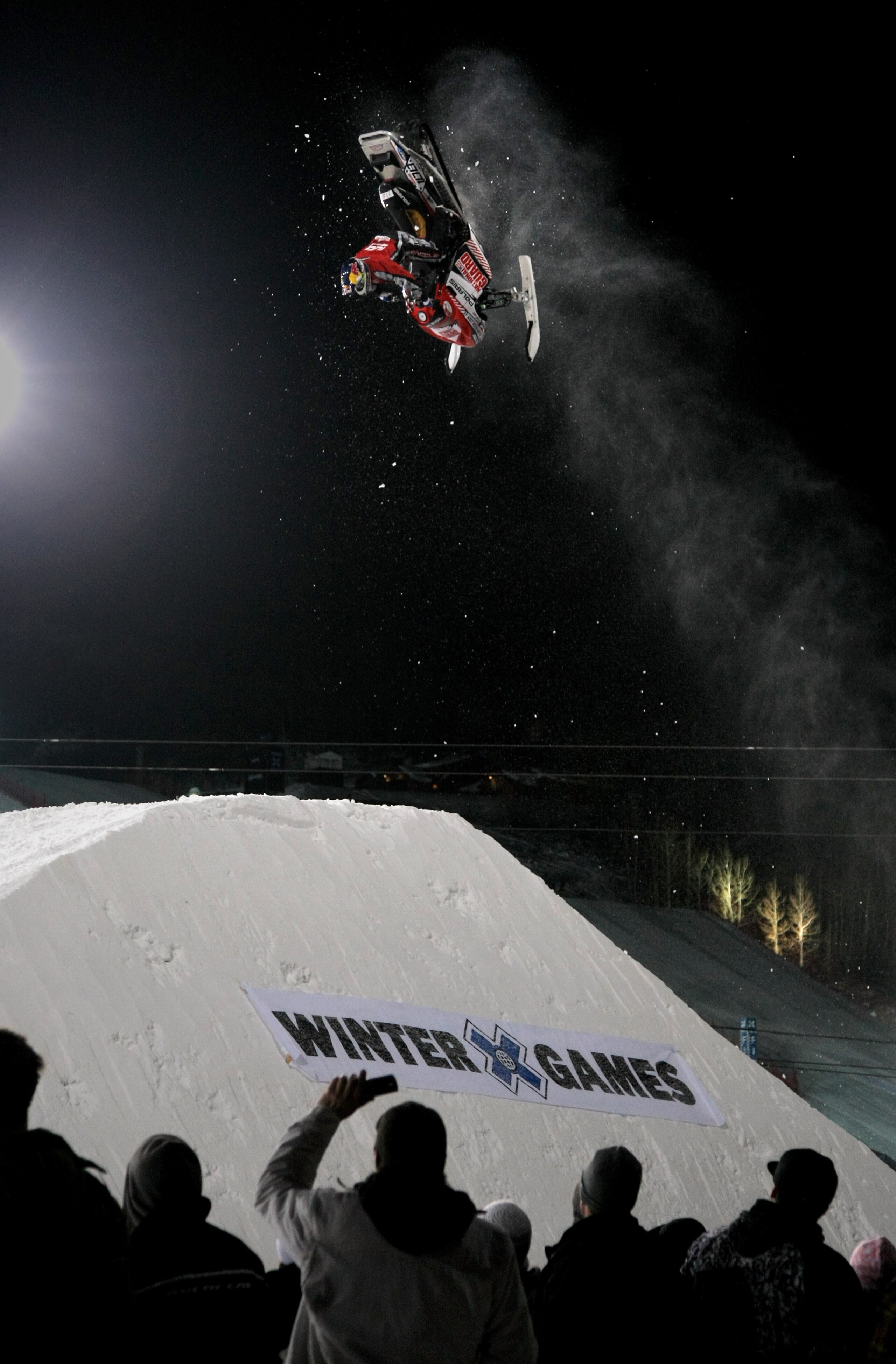 ASPEN, CO - JANUARY 22:  Levi LaVallee of Longville, Minnesota does a backflip in the semifinals enroute to a second place finish in the Snowmobile Speed and Style at Winter X Games 13 on Buttermilk Mountain on January 22, 2009 in Aspen, Colorado.  (Photo
