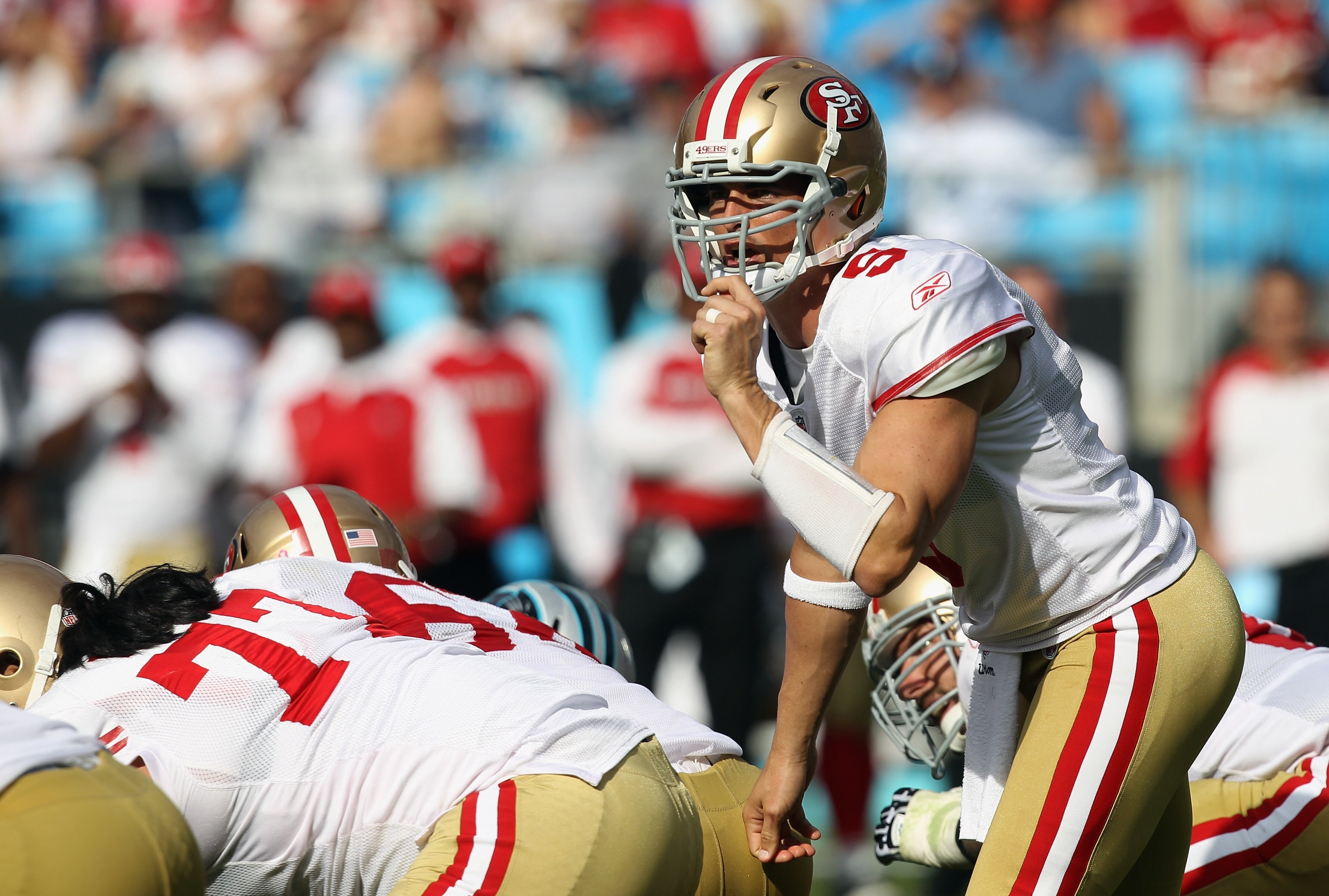 CHARLOTTE, NC - OCTOBER 24:  David Carr #5 of the San Francisco 49ers against the Carolina Panthers during their game at Bank of America Stadium on October 24, 2010 in Charlotte, North Carolina.  (Photo by Streeter Lecka/Getty Images)