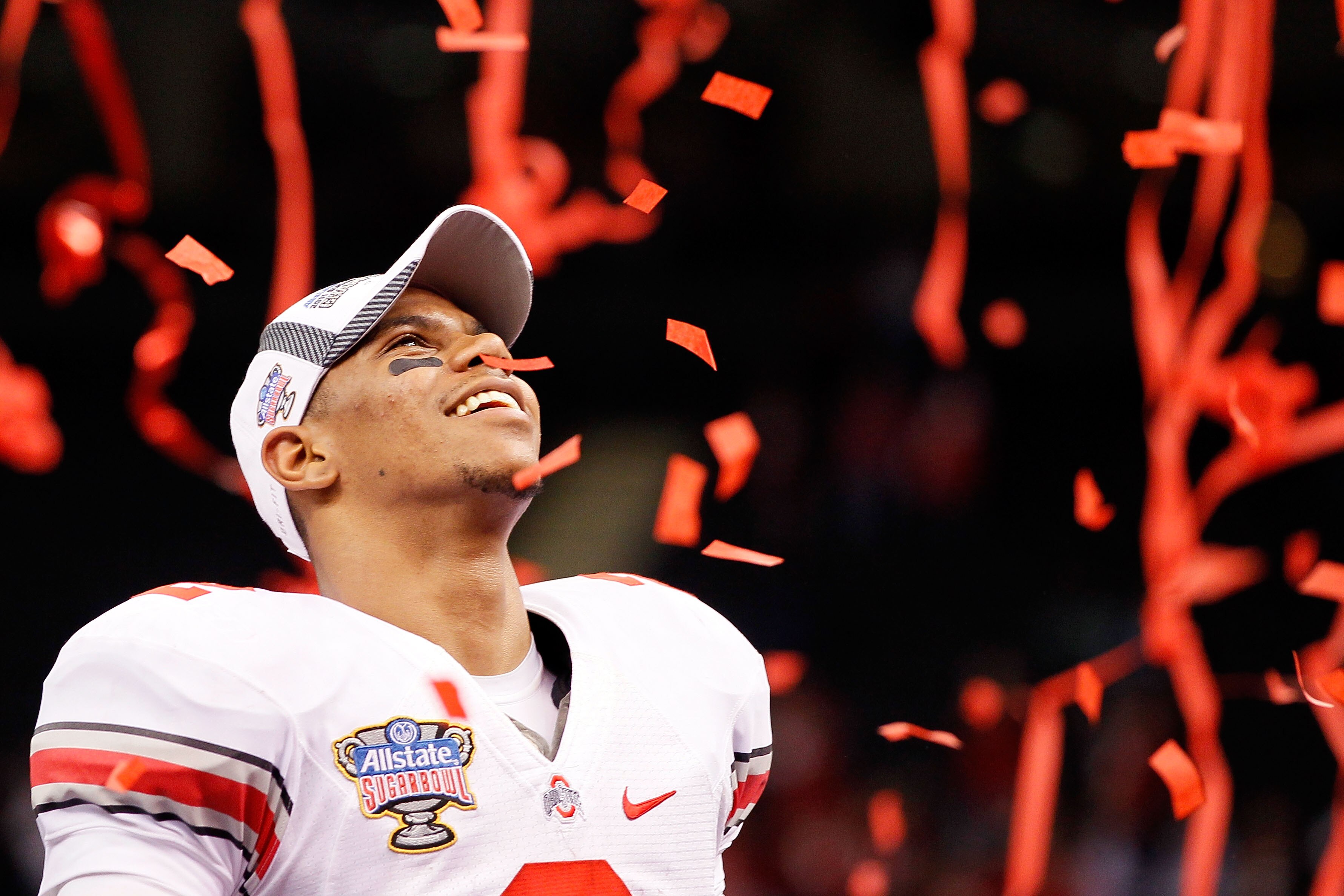 NEW ORLEANS, LA - JANUARY 04:  Terrelle Pryor #2 of the Ohio State Buckeyes celebrates the Buckeyes 31-26 victory against the Arkansas Razorbacks during the Allstate Sugar Bowl at the Louisiana Superdome on January 4, 2011 in New Orleans, Louisiana.  (Pho