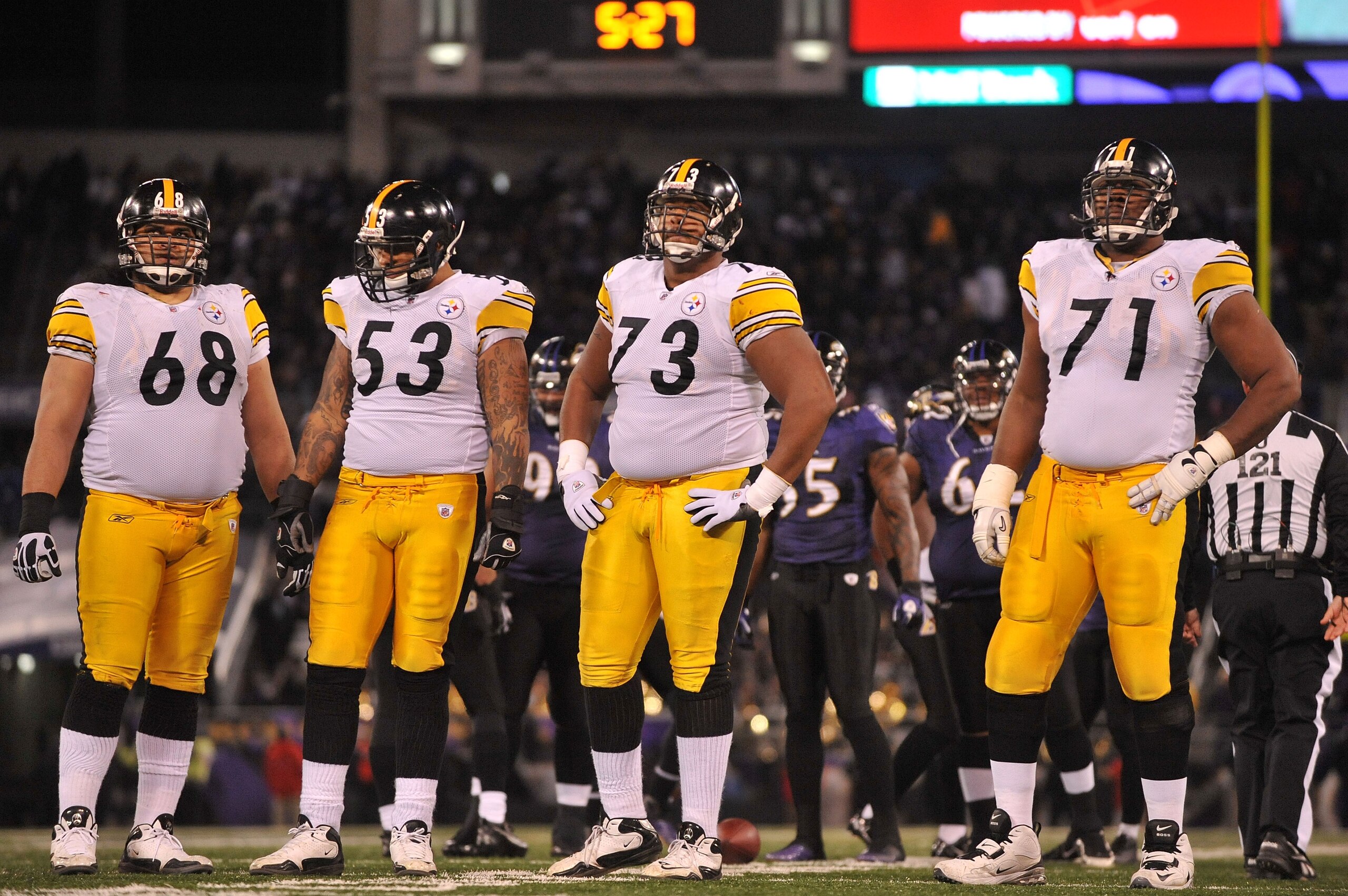 BALTIMORE, MD - DECEMBER 05:  Chris Kemoeatu #68, Maurkice Pouncey #53, Ramon Foster #73 and Flozell Adams #71 of the Pittsburgh Steelers look on during the game against the Baltimore Ravens at M&T Bank Stadium on December 5, 2010 in Baltimore, Maryland.