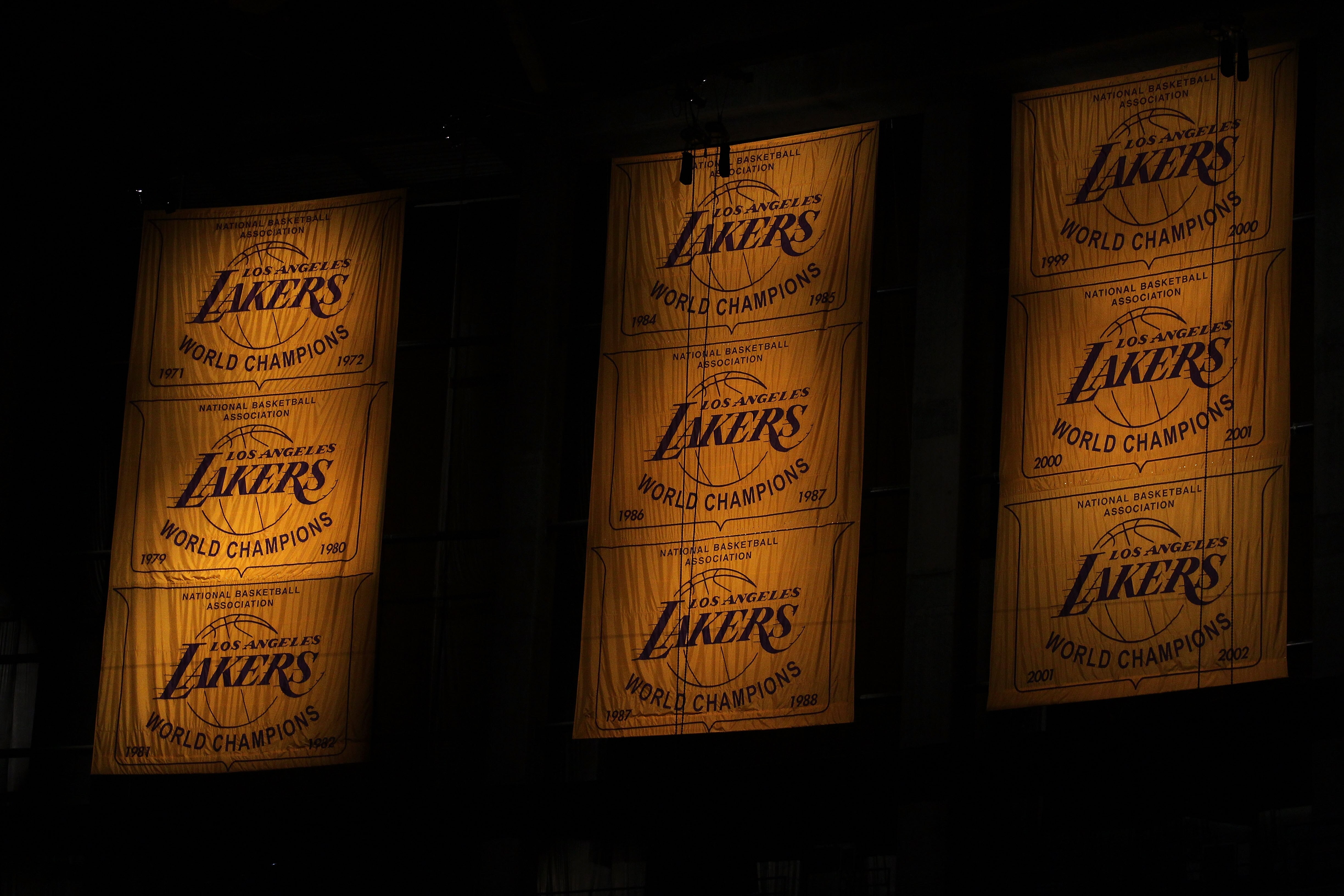 LOS ANGELES, CA - JUNE 06:  The Los Angeles Lakers' championship banners are displayed before Game Two of the 2010 NBA Finals  between the Boston Celtics and the Los Angeles Lakers at Staples Center on June 6, 2010 in Los Angeles, California. NOTE TO USER