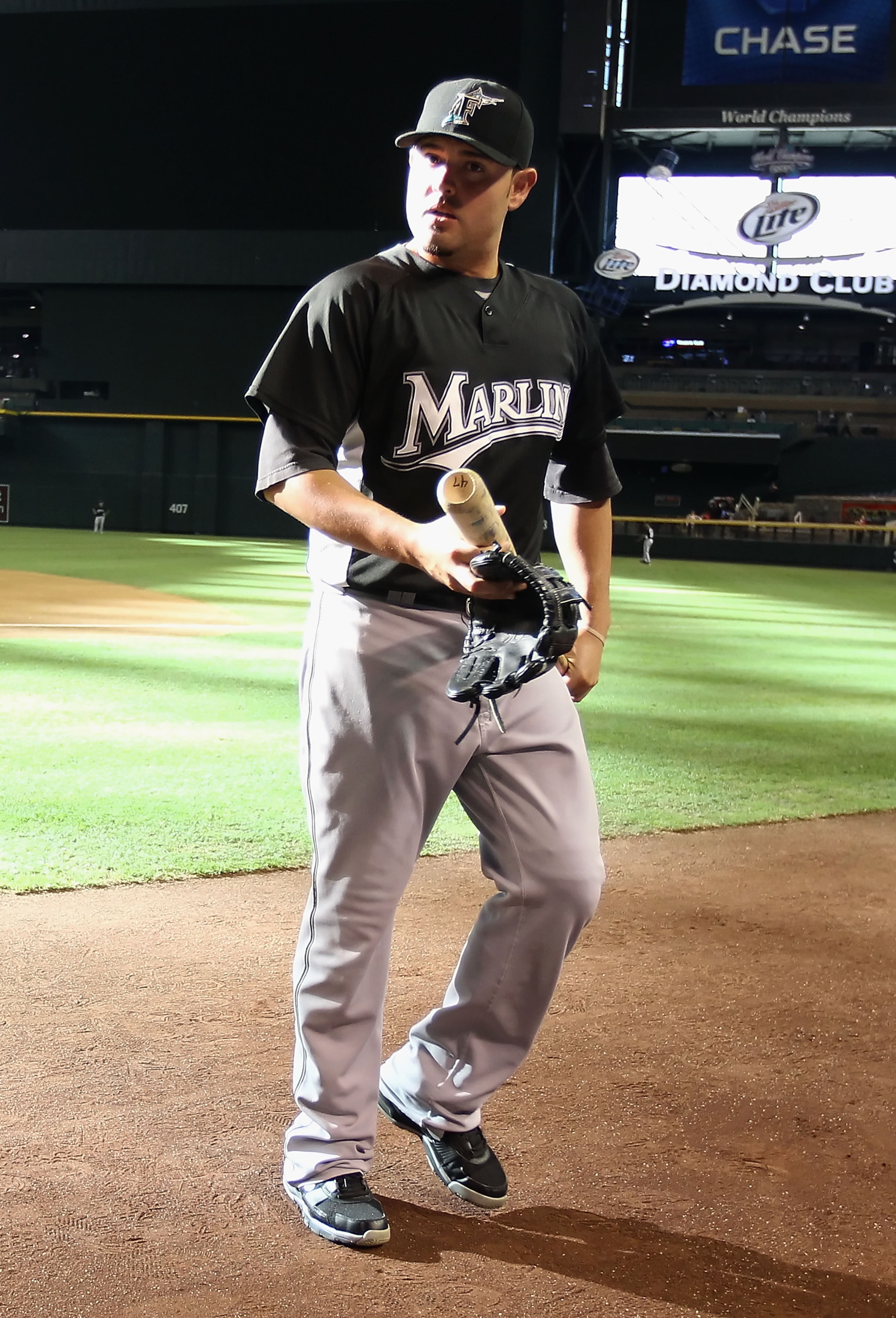PHOENIX - JULY 08:  Ricky Nolasco #47 of the Florida Marlins warms up before the Major League Baseball game against the Arizona Diamondbacks at Chase Field on July 8, 2010 in Phoenix, Arizona. The Diamondbacks defeated the Marlins 10-4.  (Photo by Christi