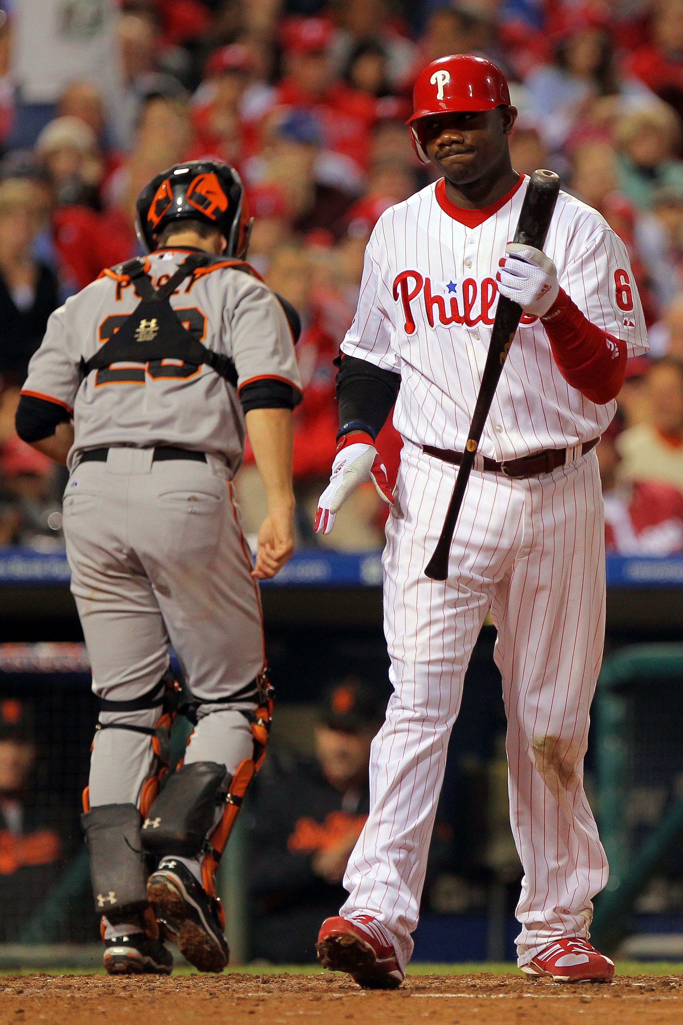 PHILADELPHIA - OCTOBER 23:  Ryan Howard #6 of the Philadelphia Phillies reacts after striking out against the San Francisco Giants in Game Six of the NLCS during the 2010 MLB Playoffs at Citizens Bank Park on October 23, 2010 in Philadelphia, Pennsylvania