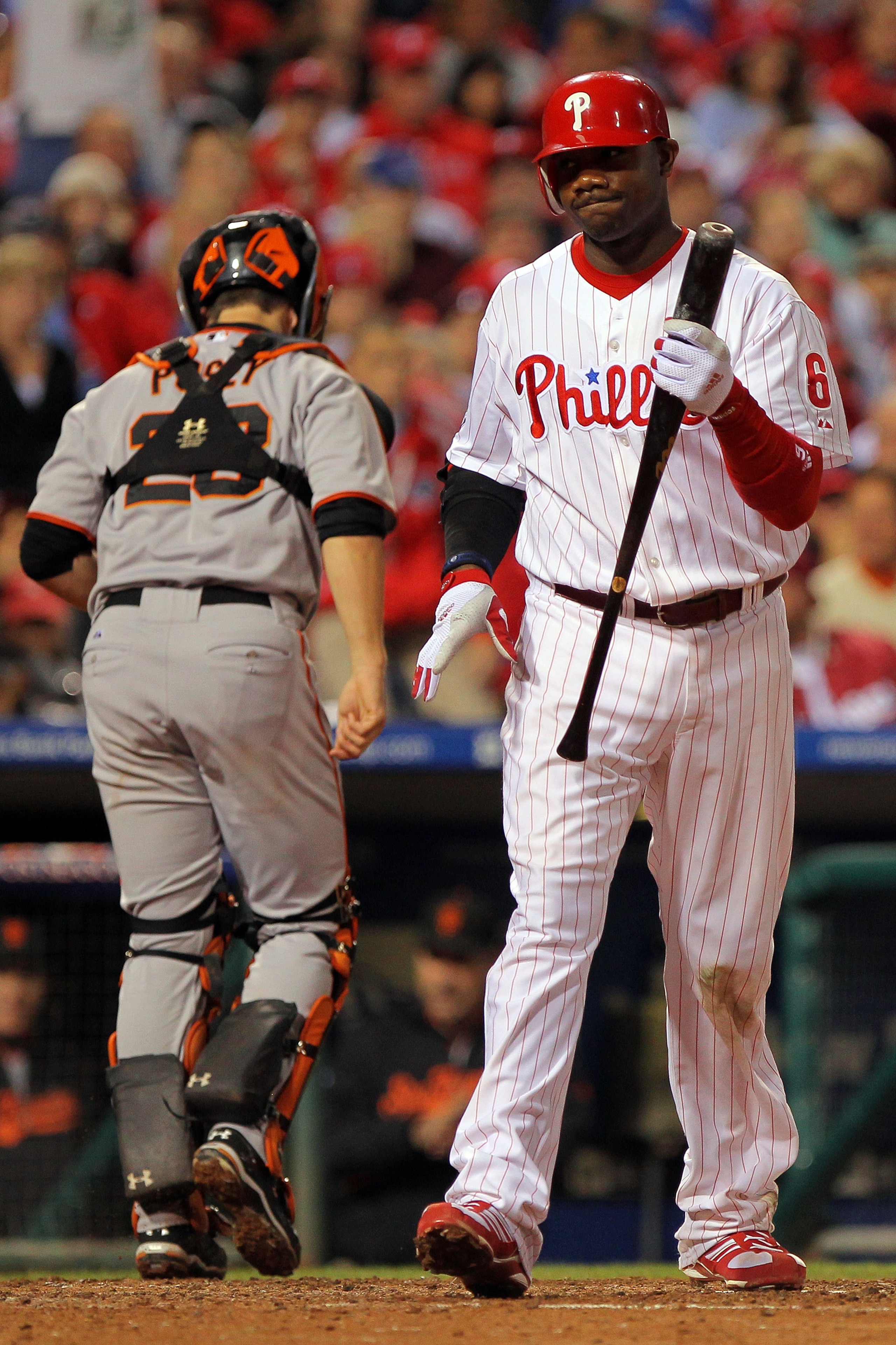PHILADELPHIA - OCTOBER 23:  Ryan Howard #6 of the Philadelphia Phillies reacts after striking out against the San Francisco Giants in Game Six of the NLCS during the 2010 MLB Playoffs at Citizens Bank Park on October 23, 2010 in Philadelphia, Pennsylvania