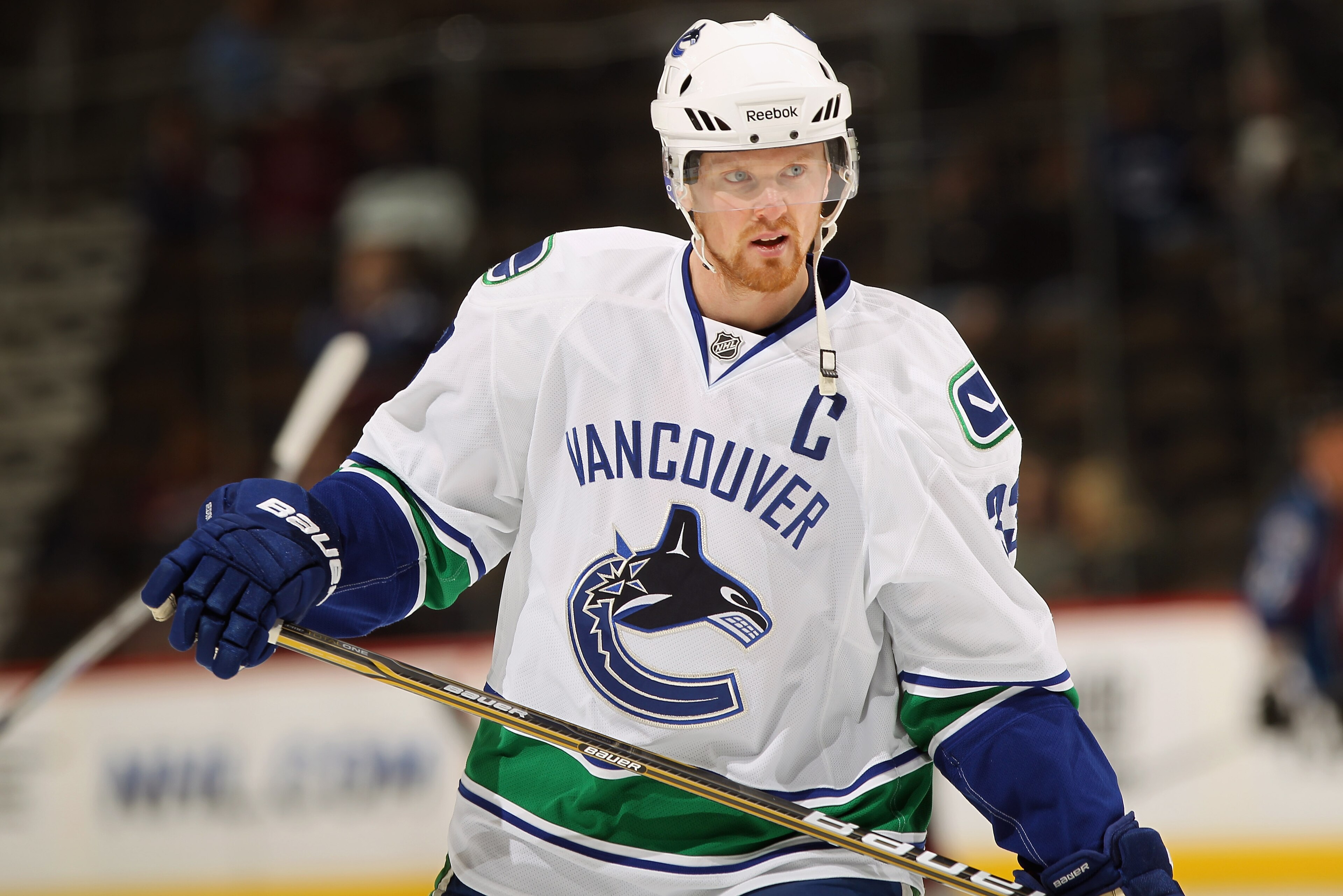 DENVER, CO - JANUARY 18:  Henrik Sedin #33 of the Vancouver Canucks warms up prior to facing the Colorado Avalanche at the Pepsi Center on January 18, 2011 in Denver, Colorado. The Avalanche defeated the Canucks 4-3 in overtime.  (Photo by Doug Pensinger/