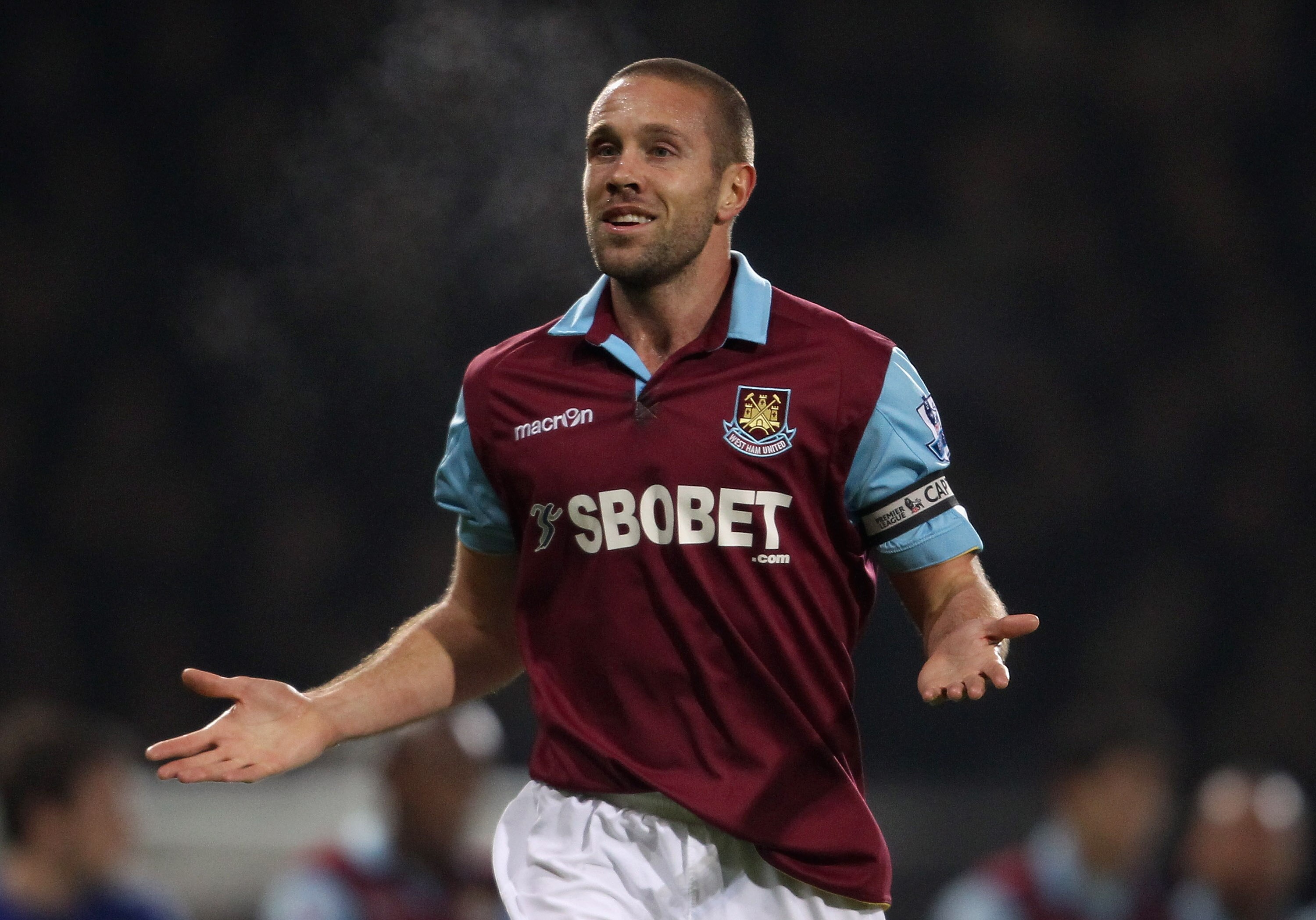 LONDON, ENGLAND - DECEMBER 28:  Matthew Upson of West Ham United celebrates the own goal by Tony Hibbert of Everton during the Barclays Premier League match between West Ham United and Everton at the Boleyn Ground on December 28, 2010 in London, England. 