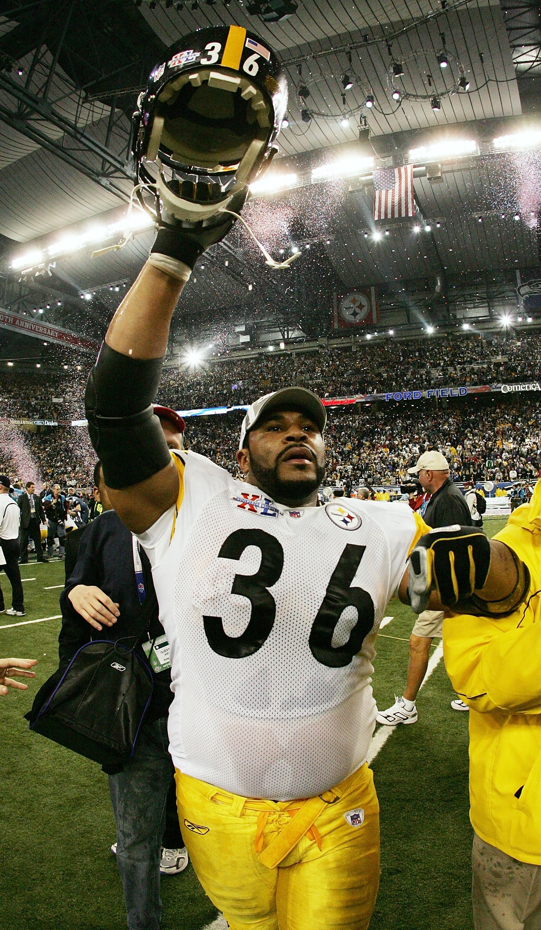 DETROIT - FEBRUARY 05:  Running back Jerome Bettis #36 of the Pittsburgh Steelers celebrates on the field after defeating the Seattle Seahawks in Super Bowl XL at Ford Field on February 5, 2006 in Detroit, Michigan. Bettis announced his retirement after t