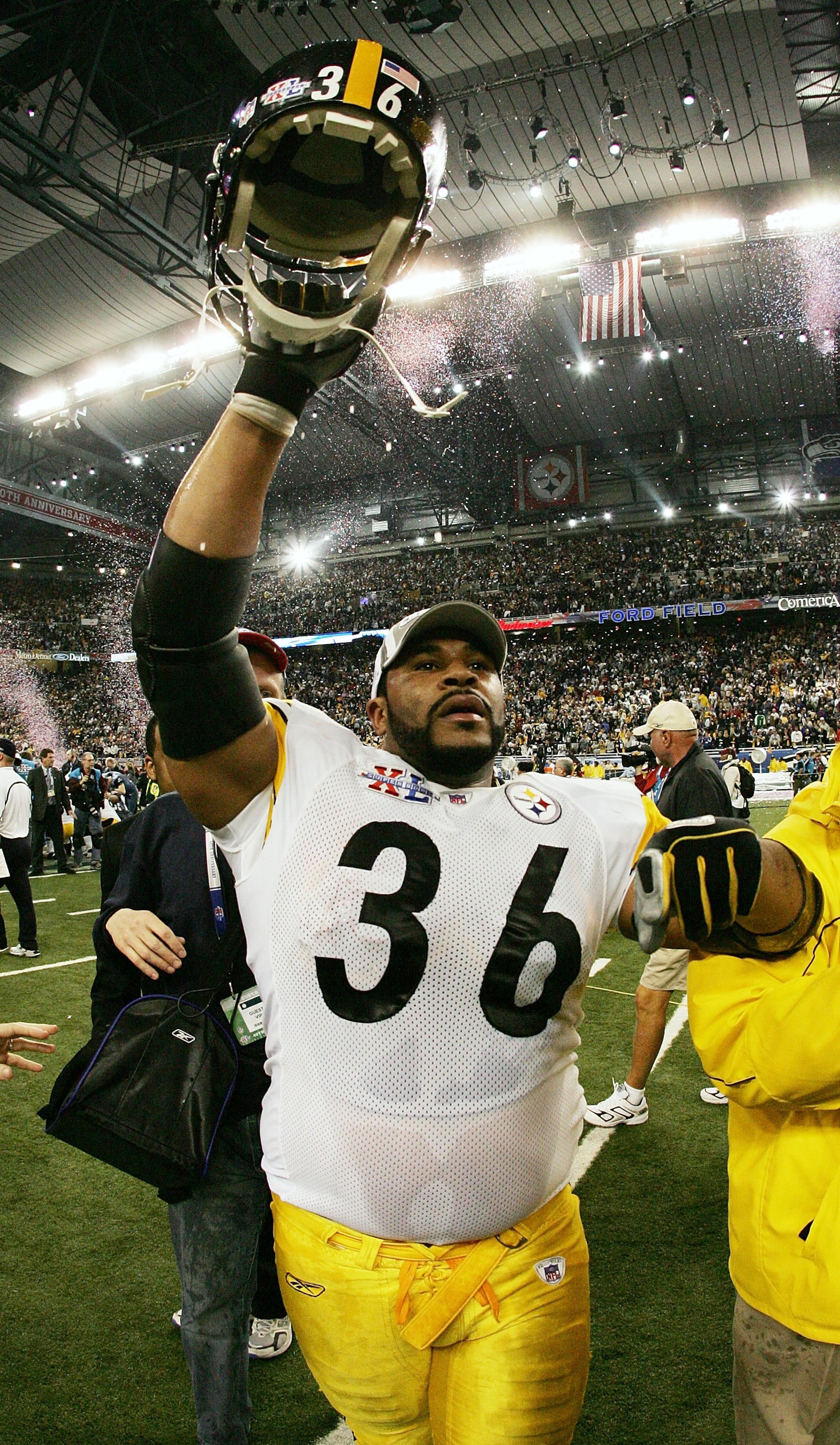 DETROIT - FEBRUARY 05:  Running back Jerome Bettis #36 of the Pittsburgh Steelers celebrates on the field after defeating the Seattle Seahawks in Super Bowl XL at Ford Field on February 5, 2006 in Detroit, Michigan. Bettis announced his retirement after t